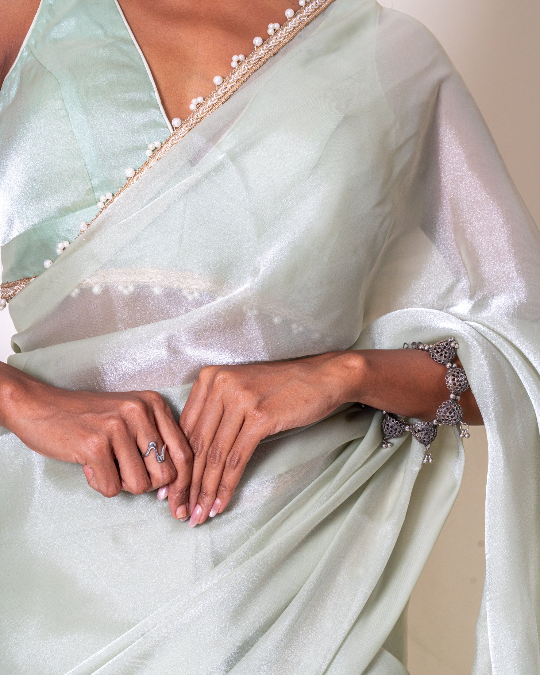 Mint Green Galaxy Organza Saree with Pearl Embellished Border & Self Blouse Piece