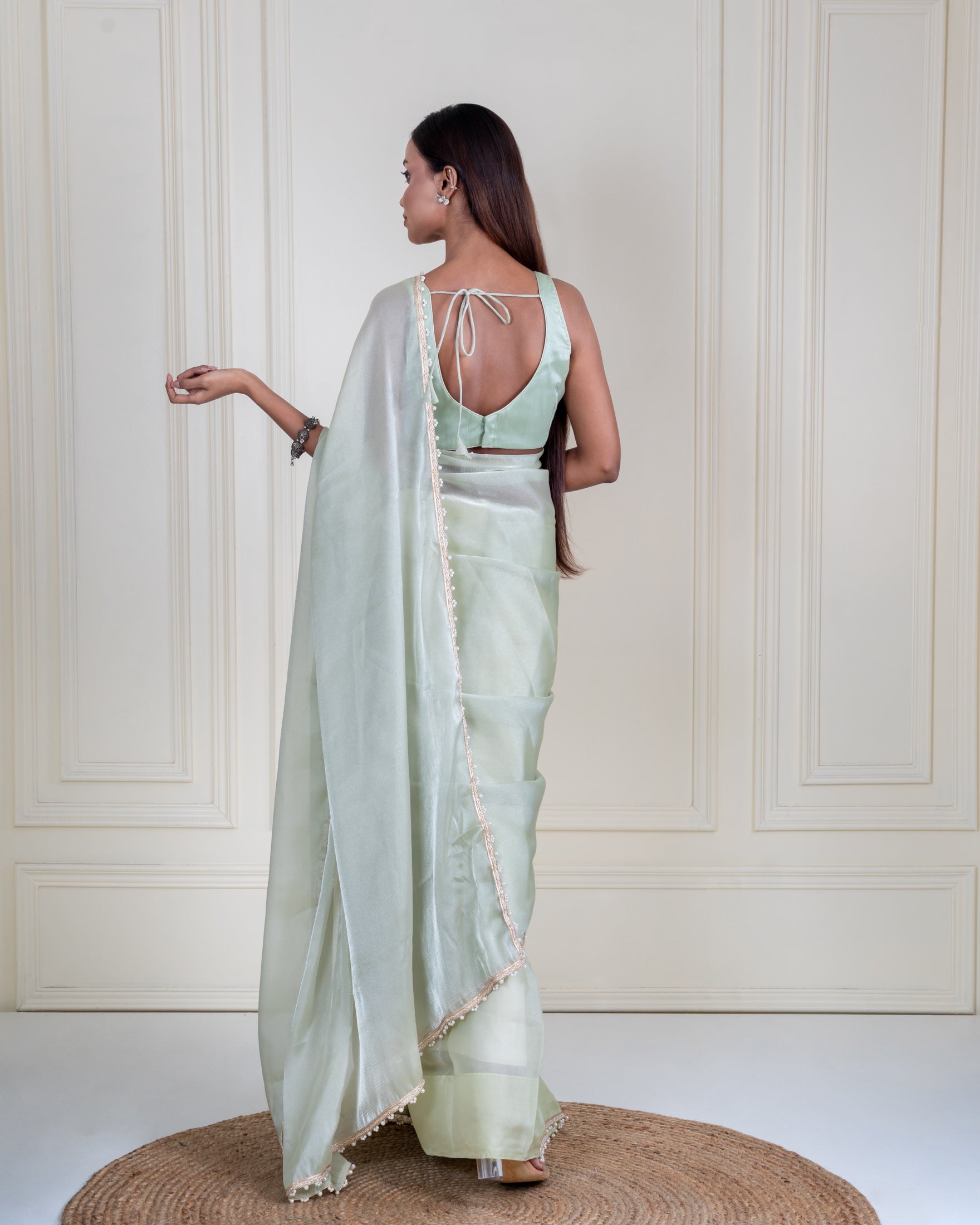 Mint Green Galaxy Organza Saree with Pearl Embellished Border & Self Blouse Piece