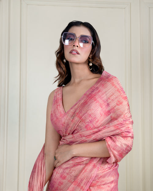 Blush Pink Printed Chiffon Woven Zari Saree with Self Blouse Piece