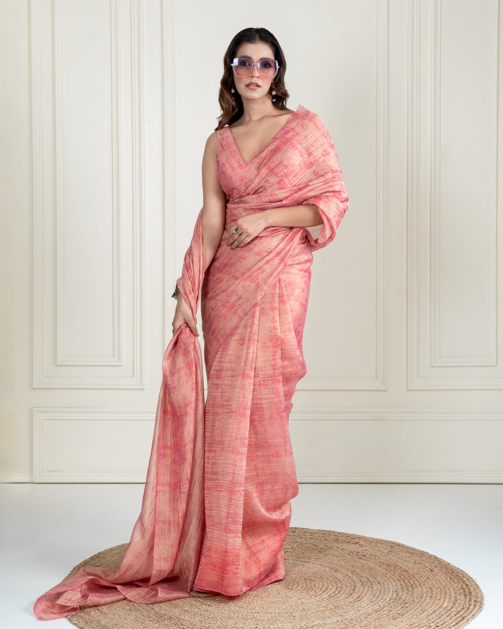 Blush Pink Printed Chiffon Woven Zari Saree with Self Blouse Piece