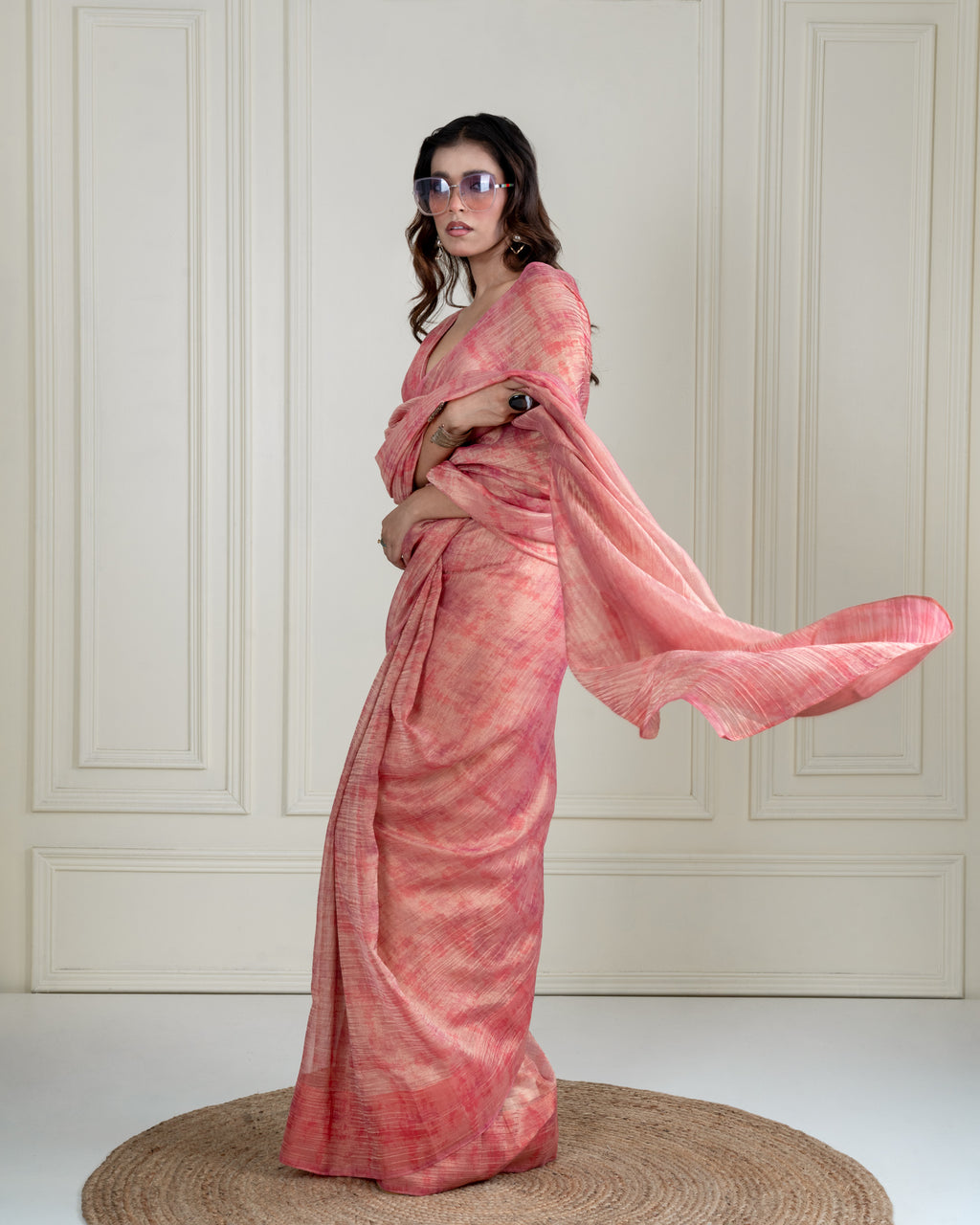 Blush Pink Printed Chiffon Woven Zari Saree with Self Blouse Piece