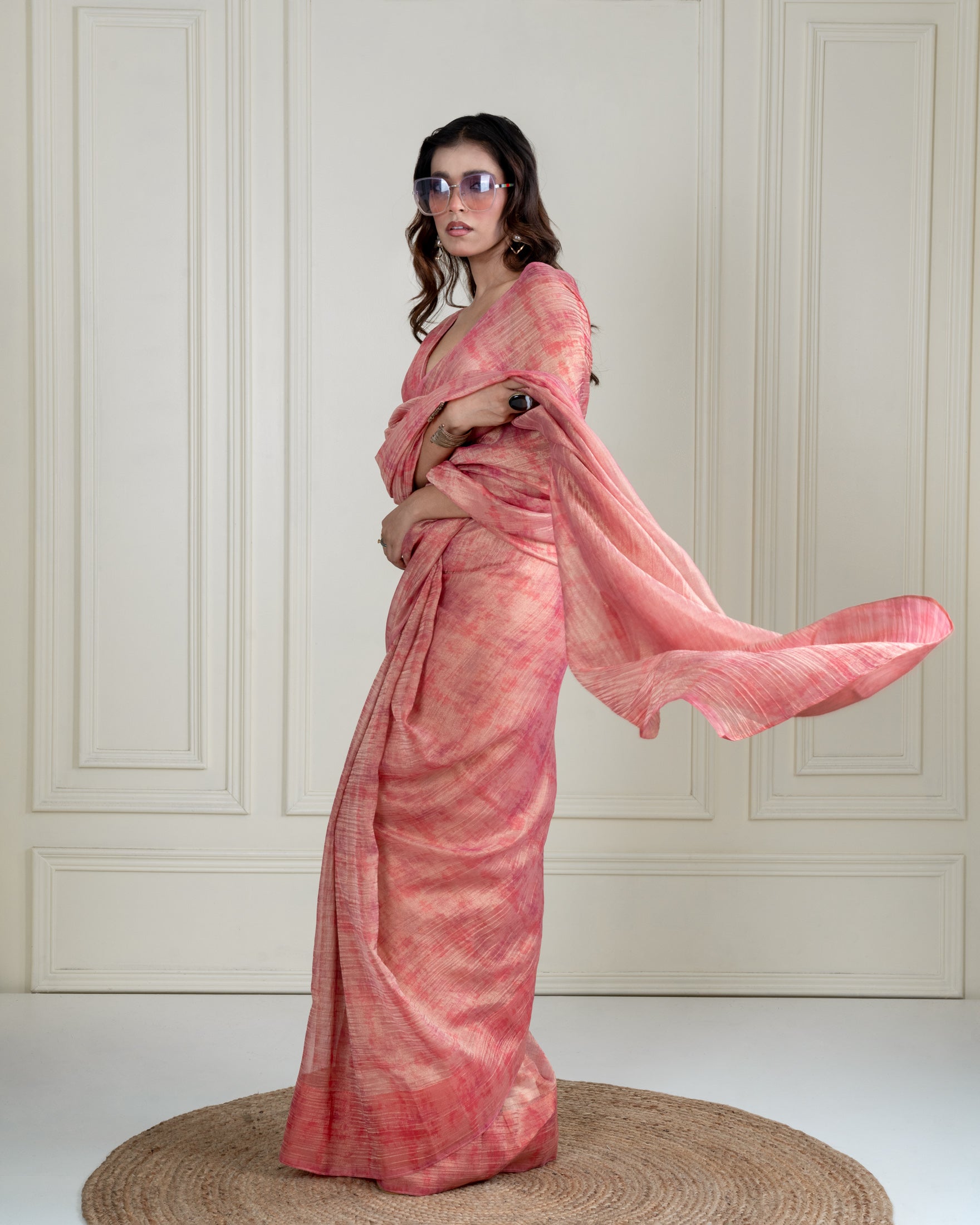 Blush Pink Printed Chiffon Woven Zari Saree with Self Blouse Piece