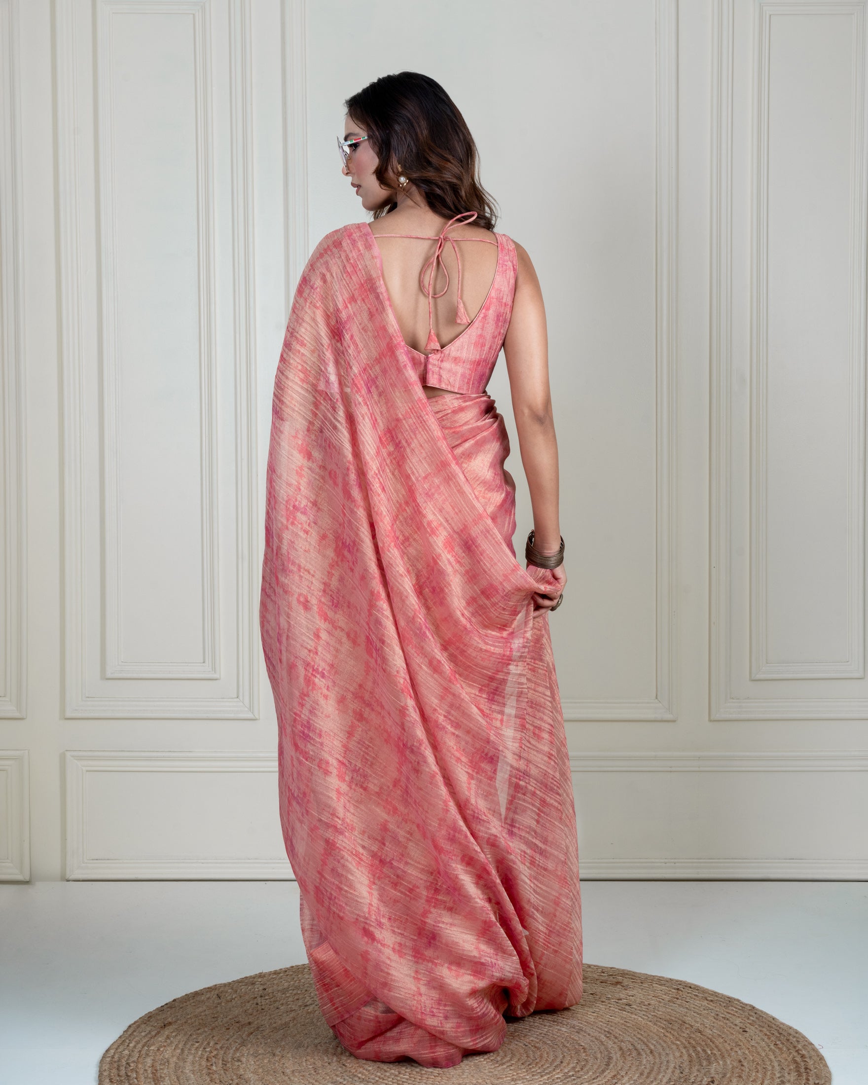 Blush Pink Printed Chiffon Woven Zari Saree with Self Blouse Piece