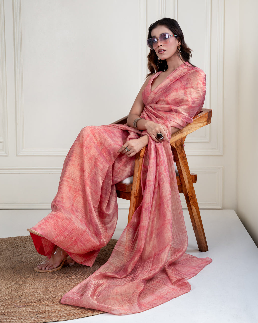 Blush Pink Printed Chiffon Woven Zari Saree with Self Blouse Piece