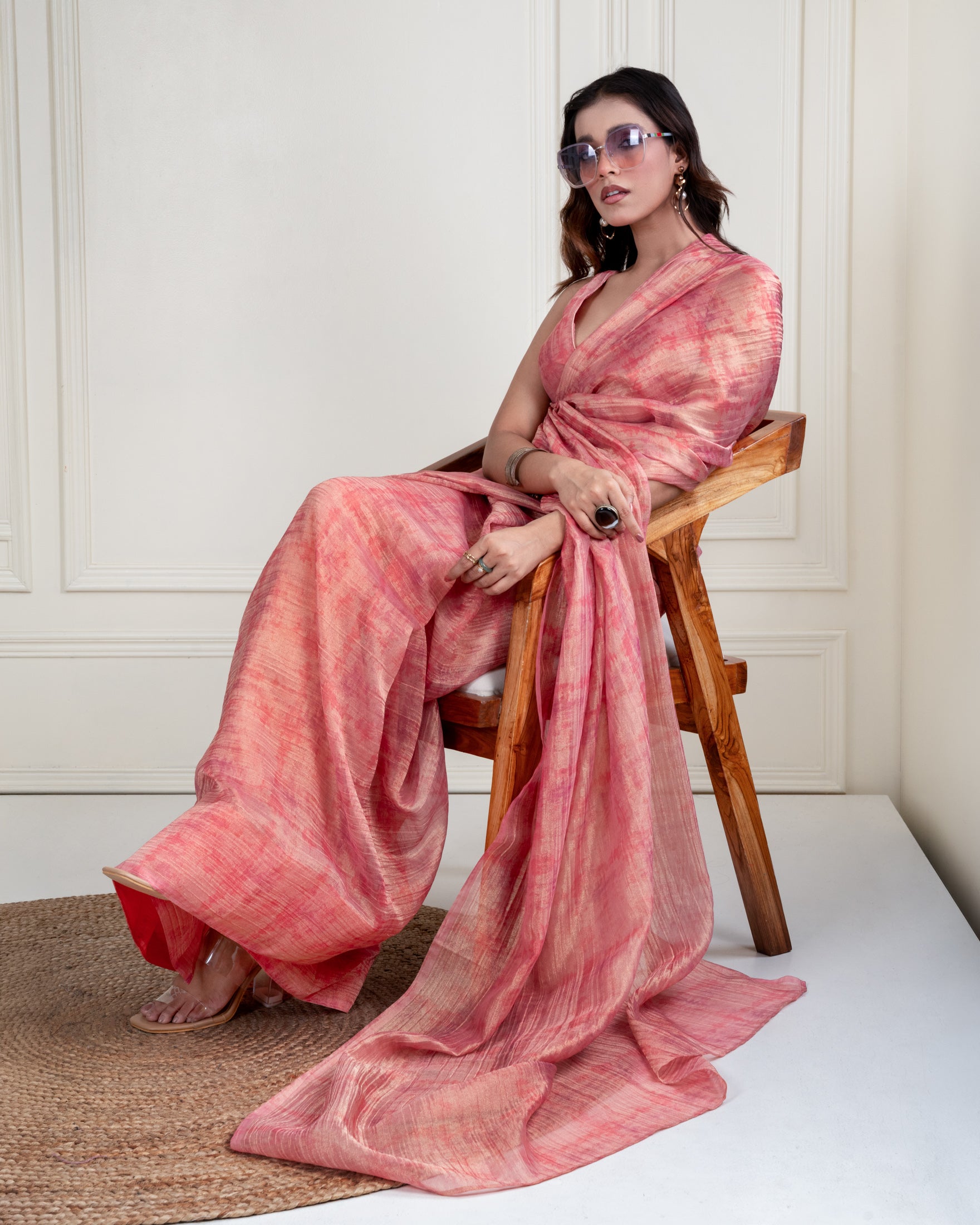 Blush Pink Printed Chiffon Woven Zari Saree with Self Blouse Piece