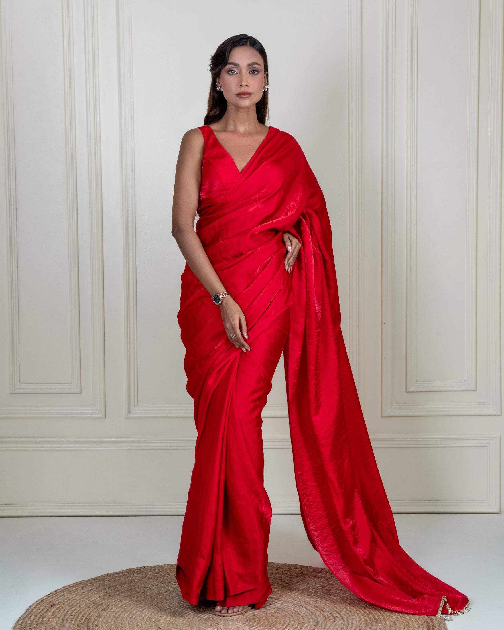 Ruby Red Cashino Saree with Handcrafted Coin Lace and Matching Blouse Piece