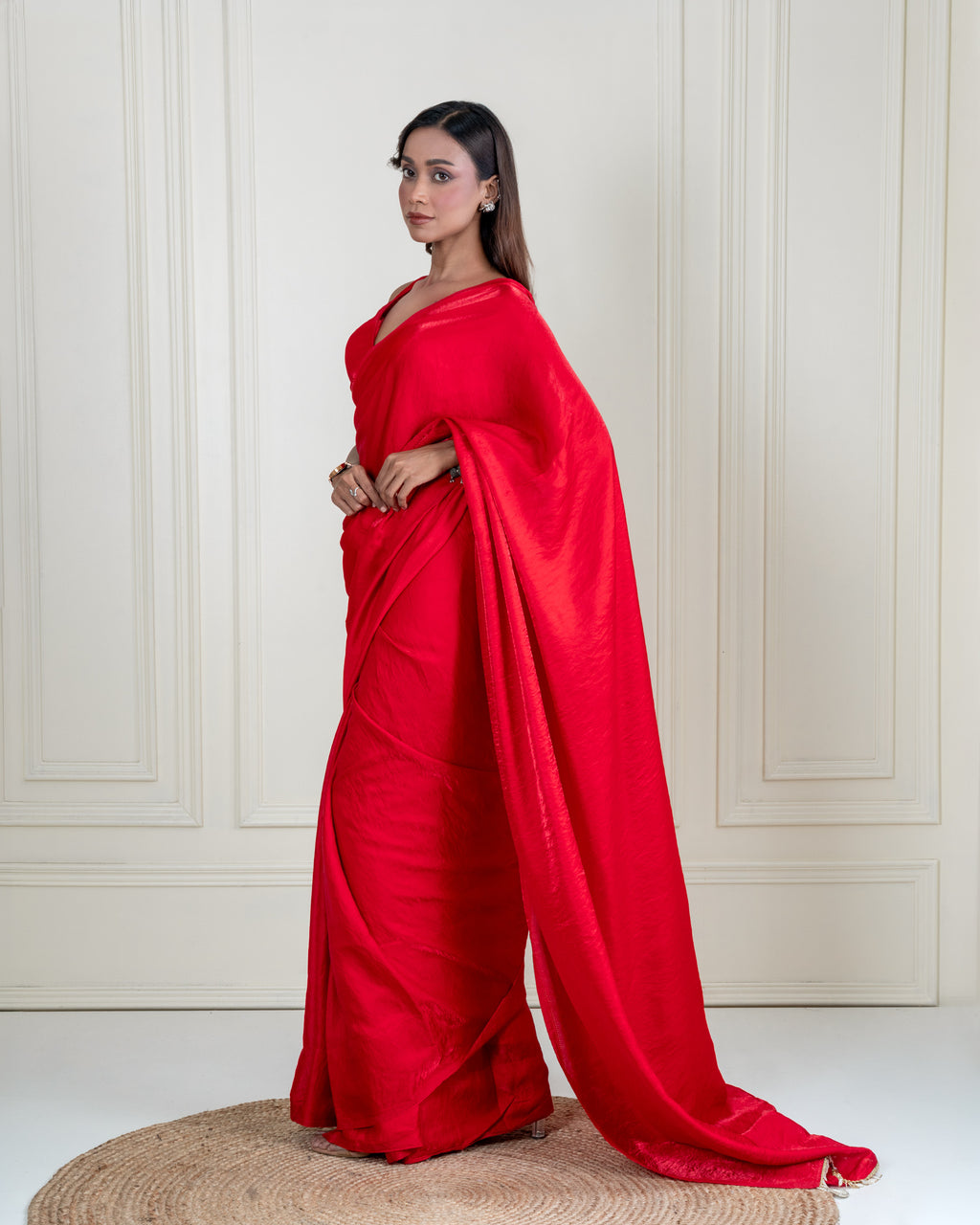 Ruby Red Cashino Saree with Handcrafted Coin Lace and Matching Blouse Piece