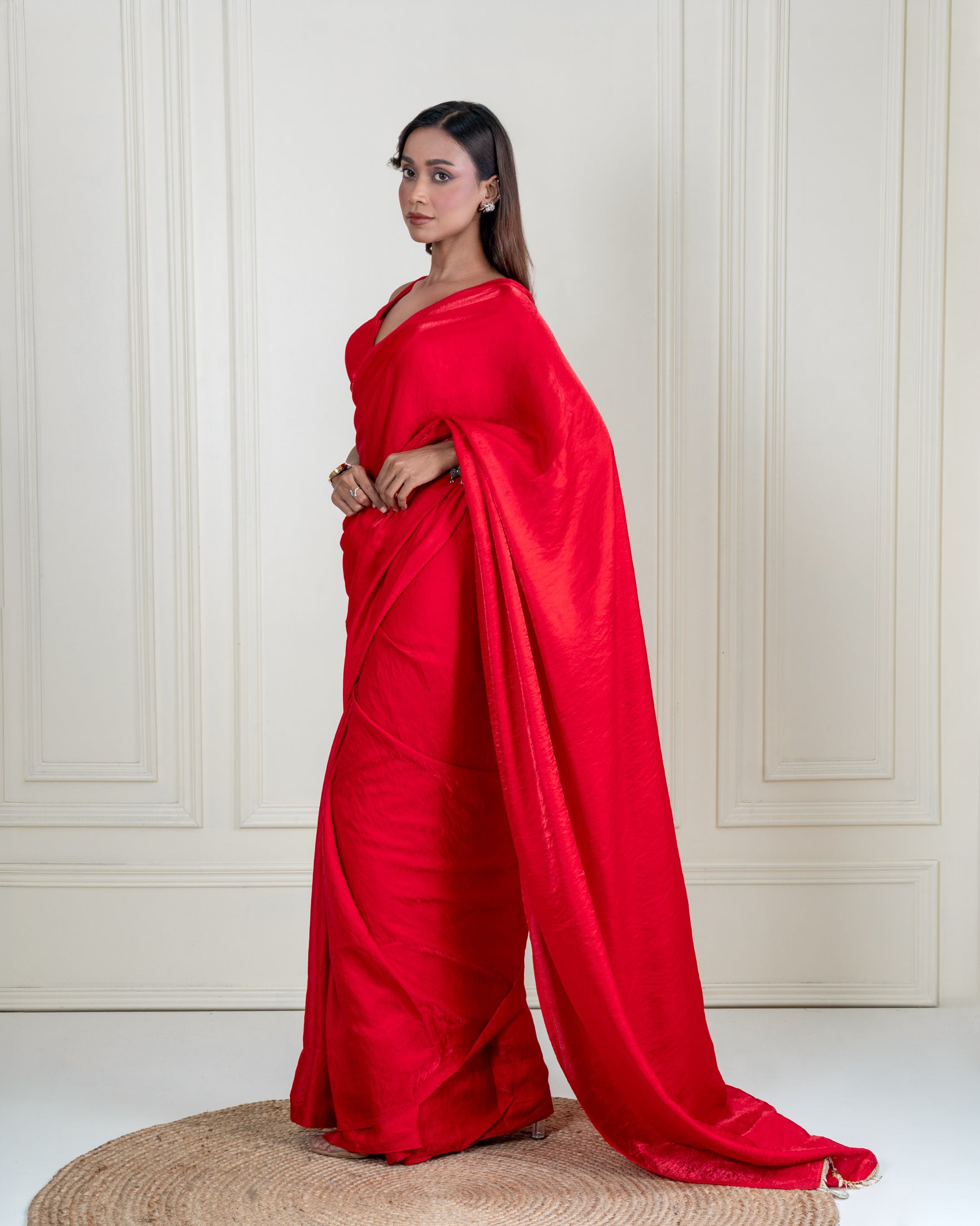 Ruby Red Cashino Saree with Handcrafted Coin Lace and Matching Blouse Piece