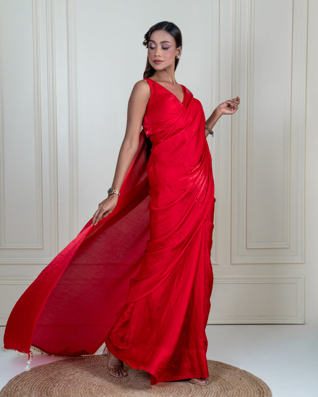 Ruby Red Cashino Saree with Handcrafted Coin Lace and Matching Blouse Piece