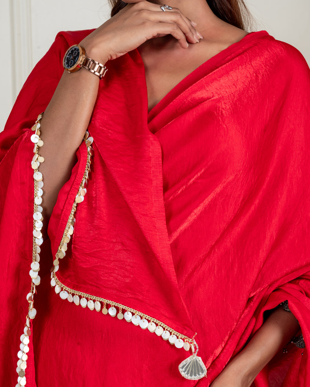 Ruby Red Cashino Saree with Handcrafted Coin Lace and Matching Blouse Piece