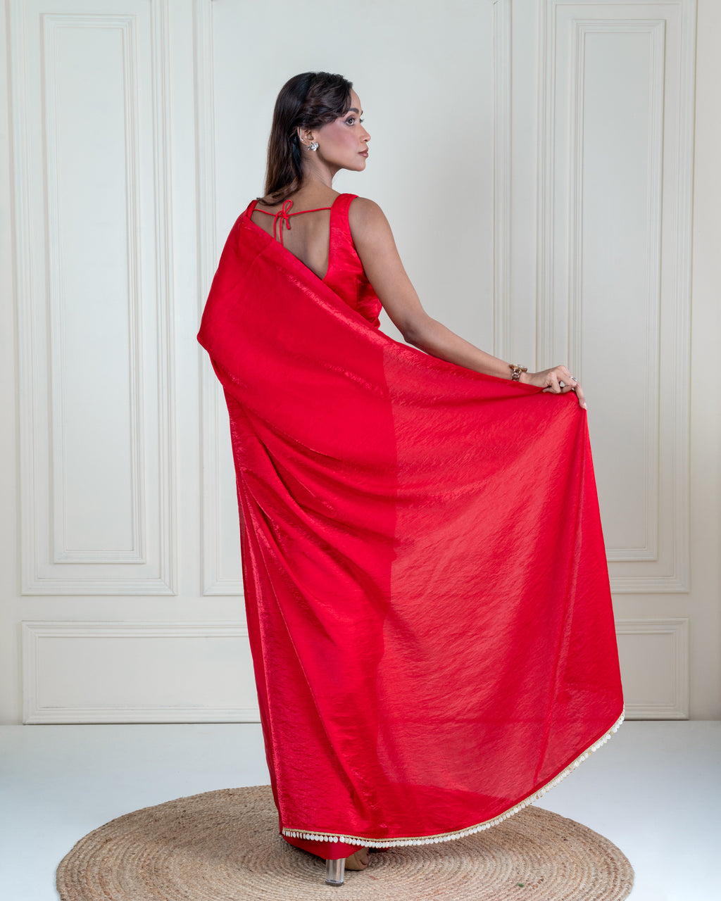 Ruby Red Cashino Saree with Handcrafted Coin Lace and Matching Blouse Piece