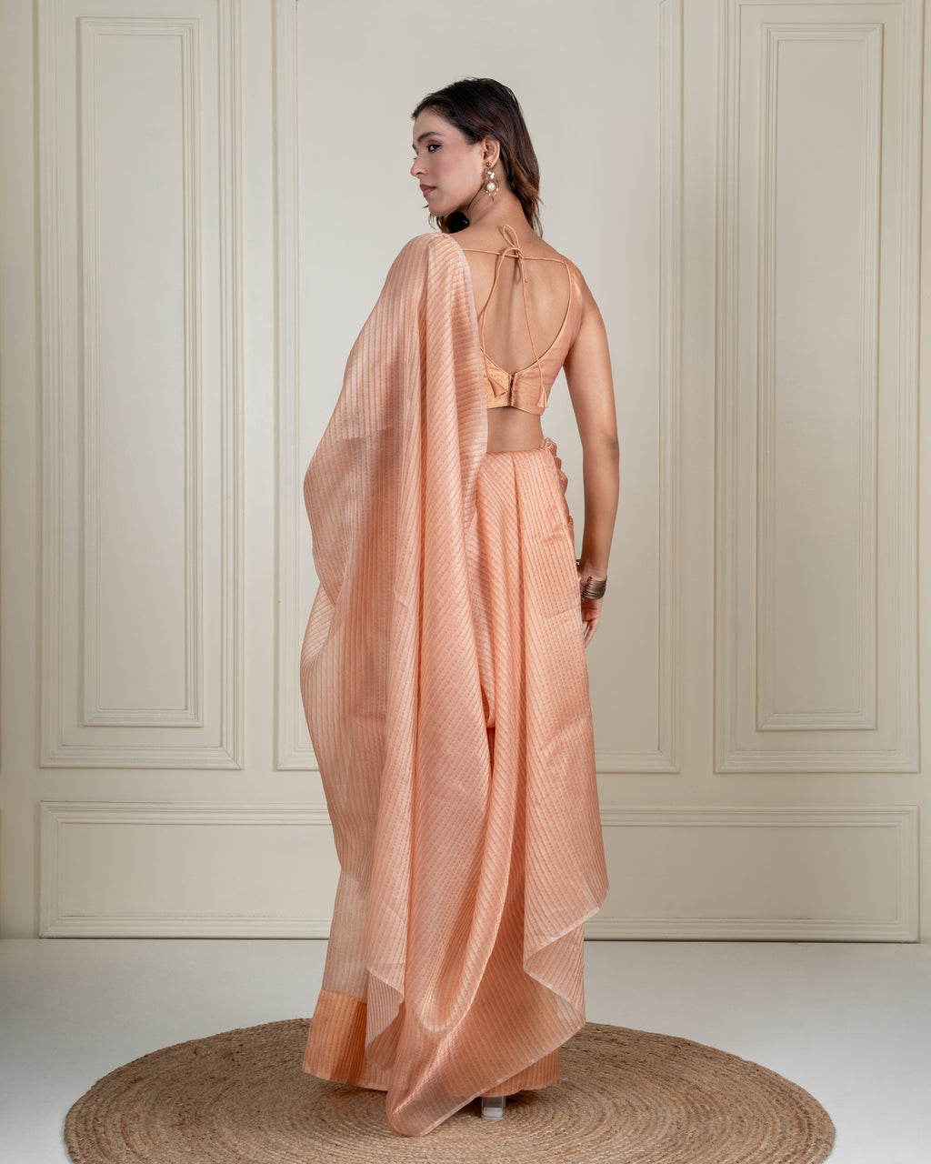 Peach Printed Chiffon Woven Zari Saree with Metallic Gold Blouse Piece