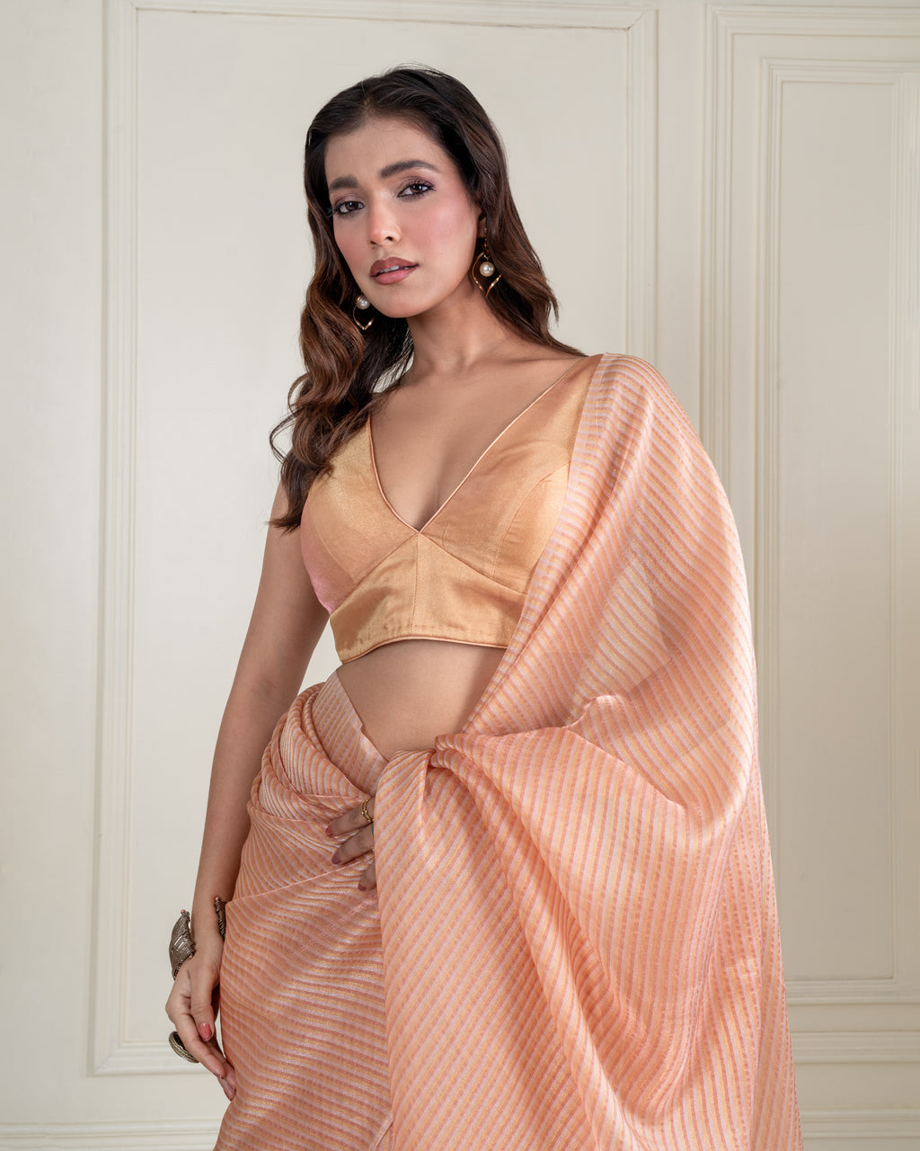 Peach Printed Chiffon Woven Zari Saree with Metallic Gold Blouse Piece