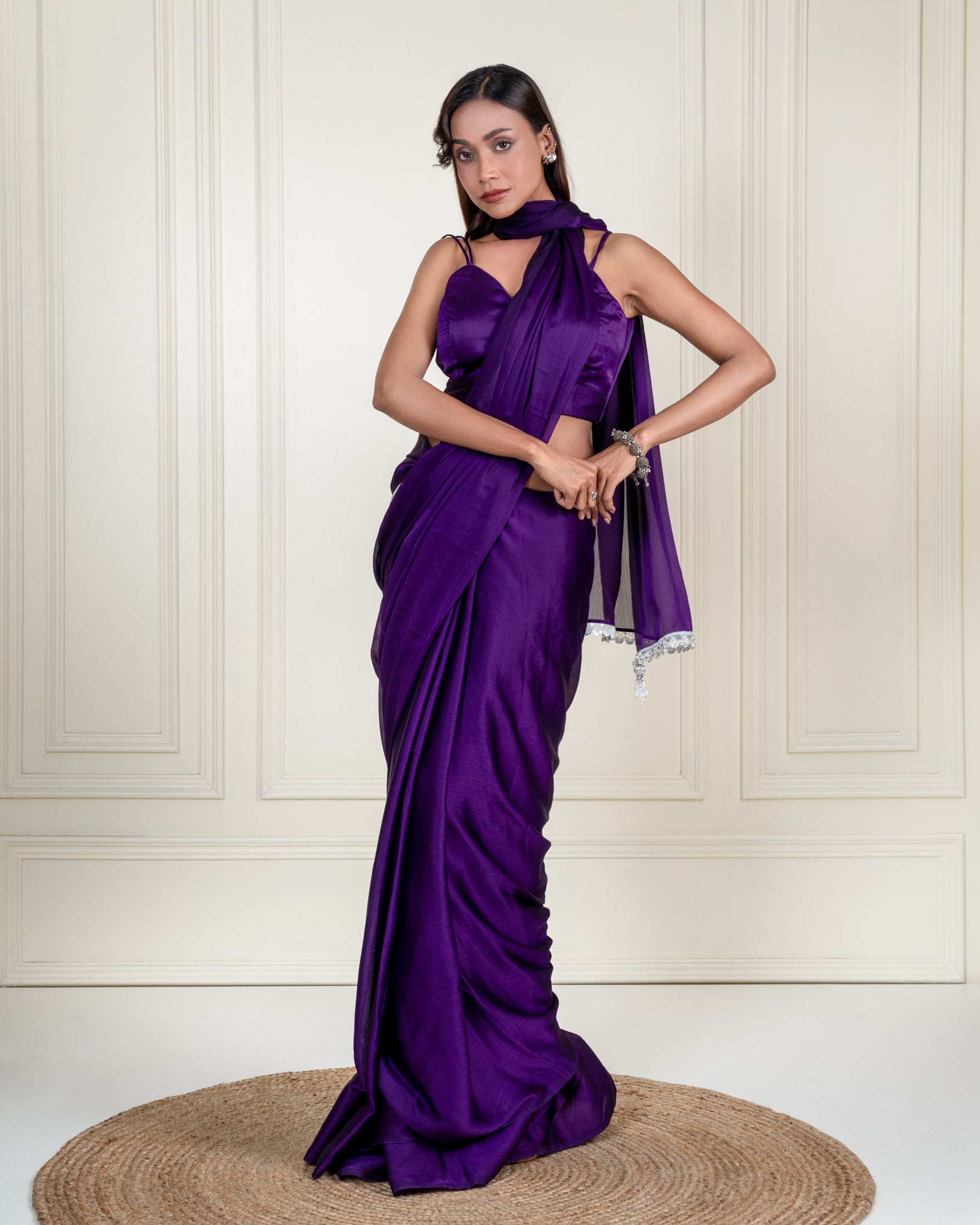 Royal Purple Natural Chiffon Saree with Embroidered Lace, Handcrafted Tassels and Matching Blouse Piece
