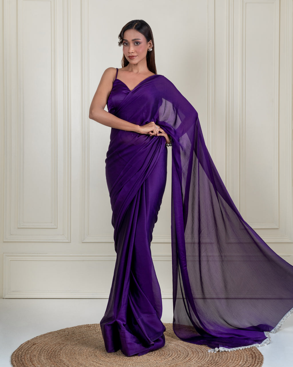 Royal Purple Natural Chiffon Saree with Embroidered Lace, Handcrafted Tassels and Matching Blouse Piece