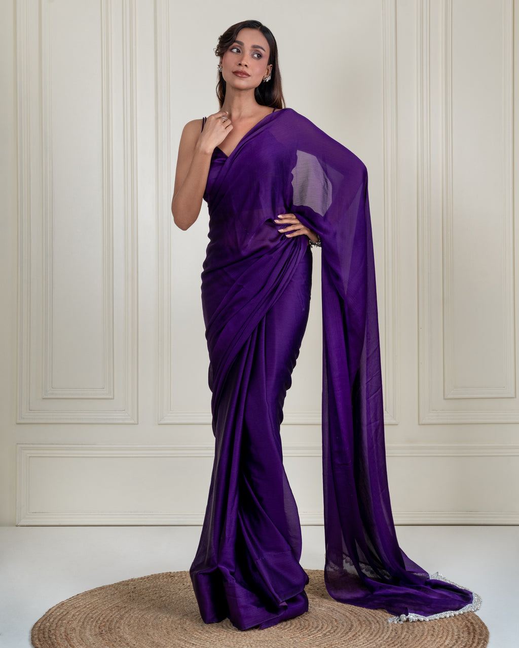 Royal Purple Natural Chiffon Saree with Embroidered Lace, Handcrafted Tassels and Matching Blouse Piece