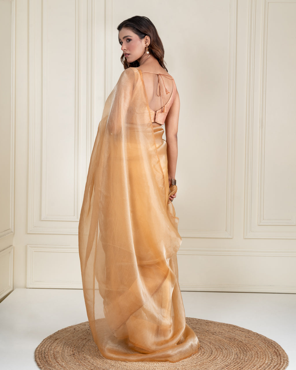 Champagne Gold Soft Metallic Organza Saree with Handcrafted Beaded Tassel Lace and Matching Blouse Piece