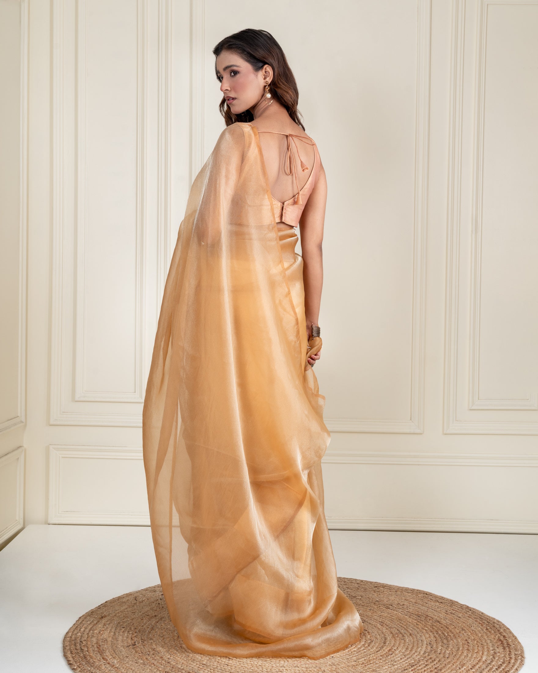 Champagne Gold Soft Metallic Organza Saree with Handcrafted Beaded Tassel Lace and Matching Blouse Piece