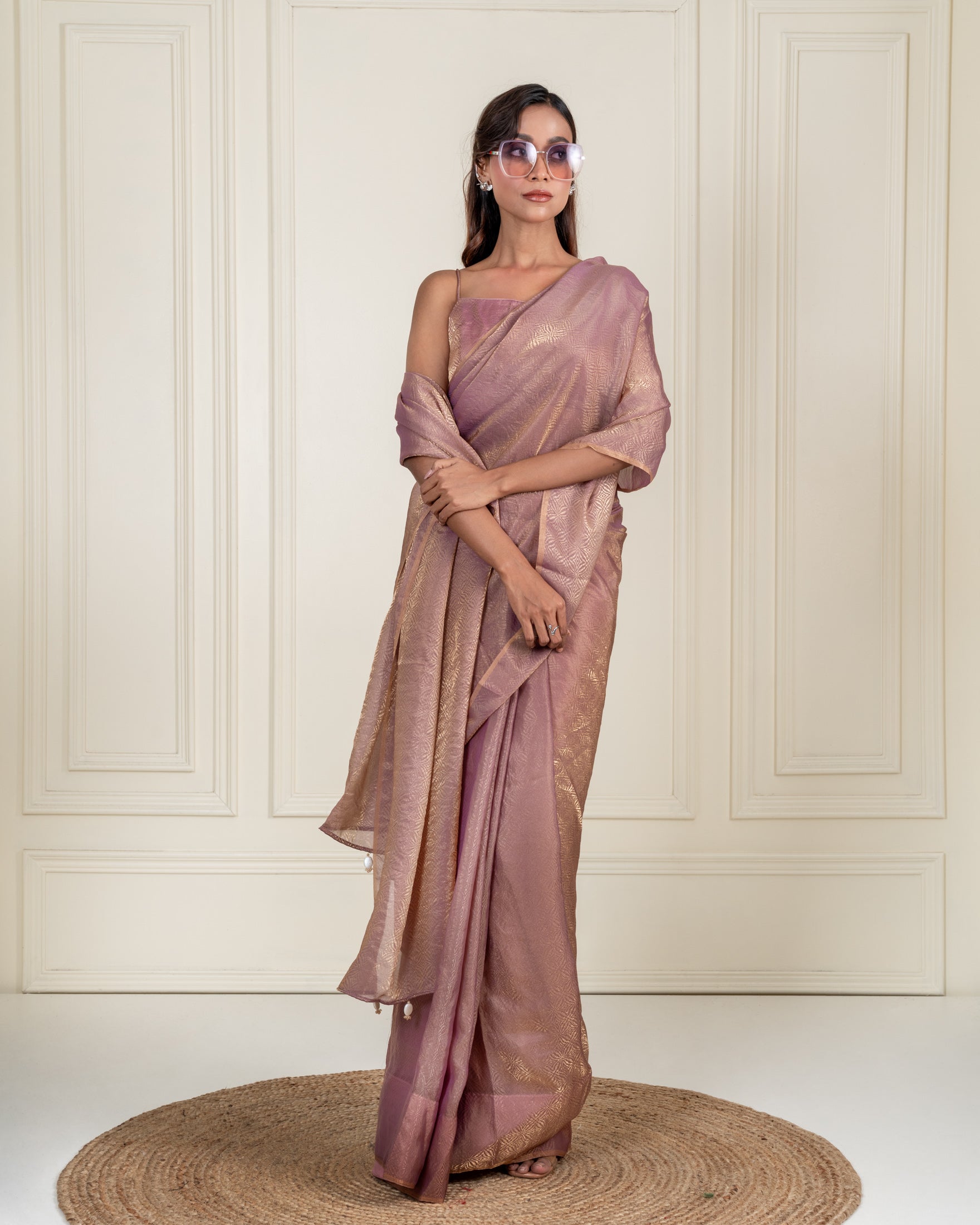 Dusty Mauve Fendi Satin Woven Zari Saree with Handcrafted Pearl Tassel Pallu and Matching Blouse Piece