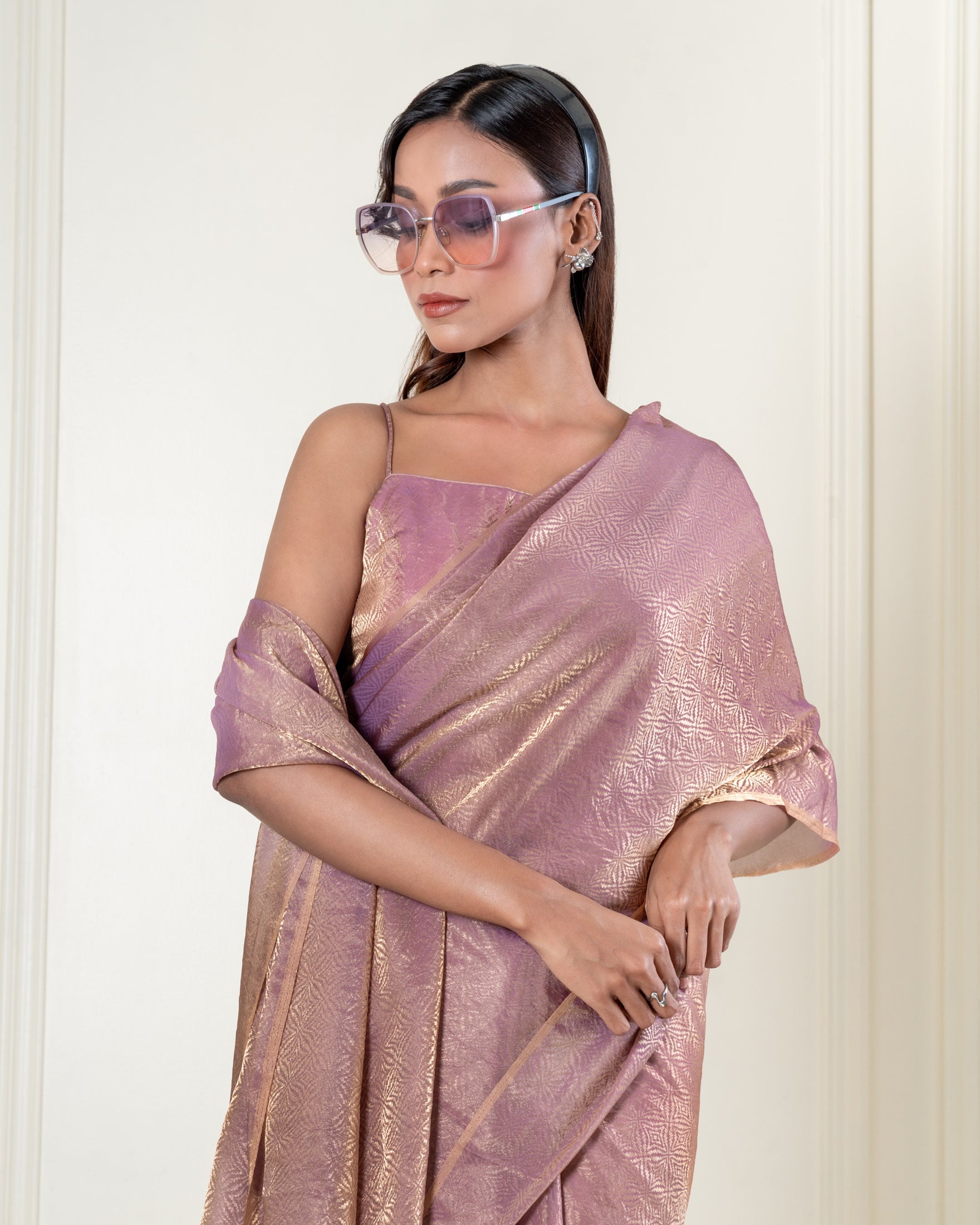 Dusty Mauve Fendi Satin Woven Zari Saree with Handcrafted Pearl Tassel Pallu and Matching Blouse Piece