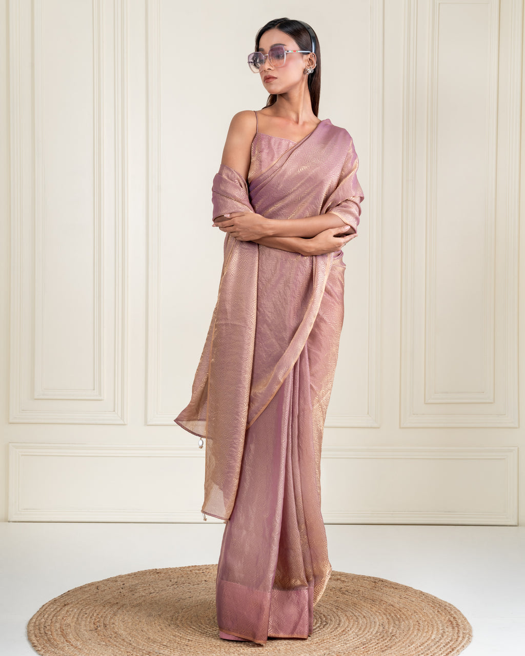 Dusty Mauve Fendi Satin Woven Zari Saree with Handcrafted Pearl Tassel Pallu and Matching Blouse Piece