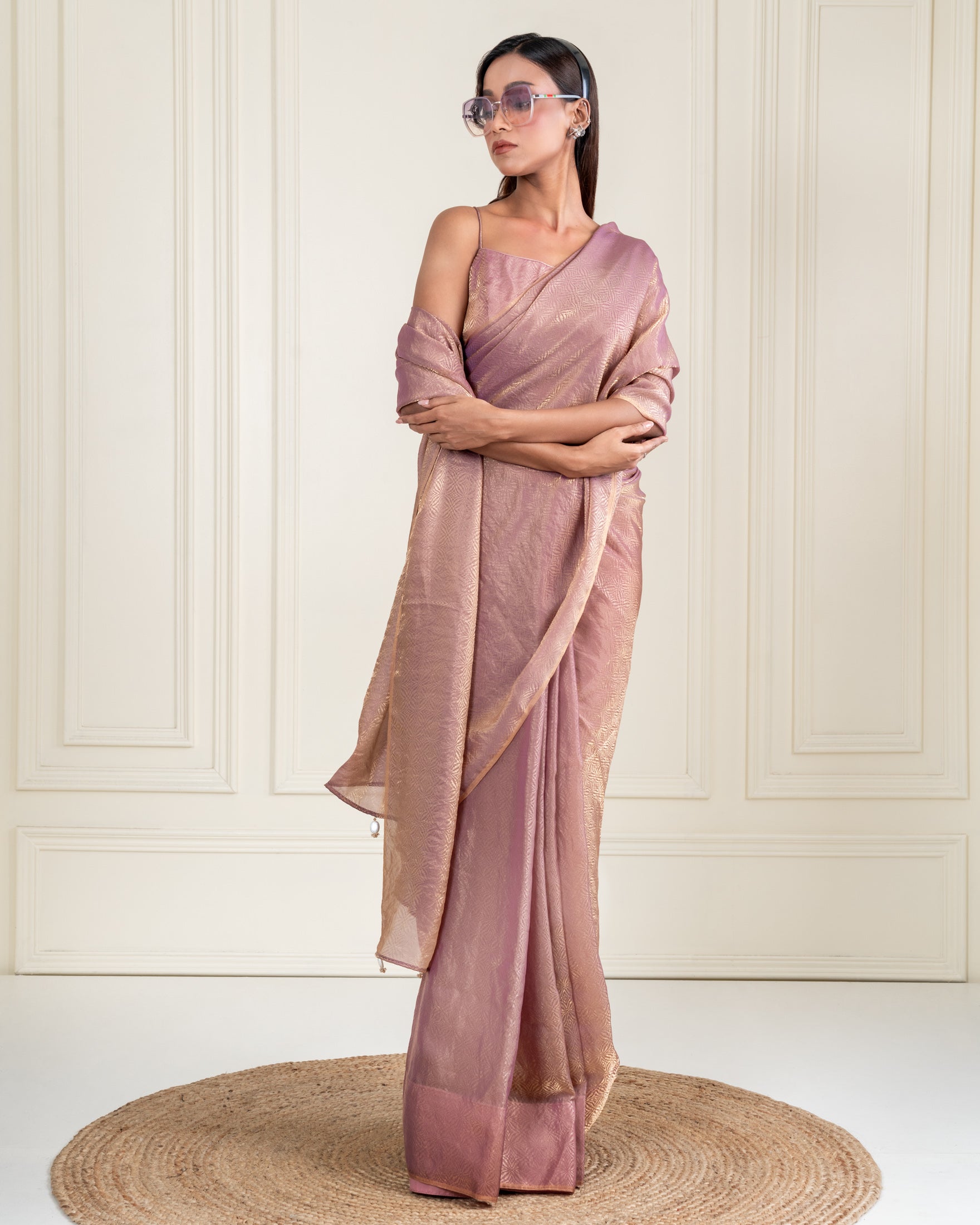 Dusty Mauve Fendi Satin Woven Zari Saree with Handcrafted Pearl Tassel Pallu and Matching Blouse Piece