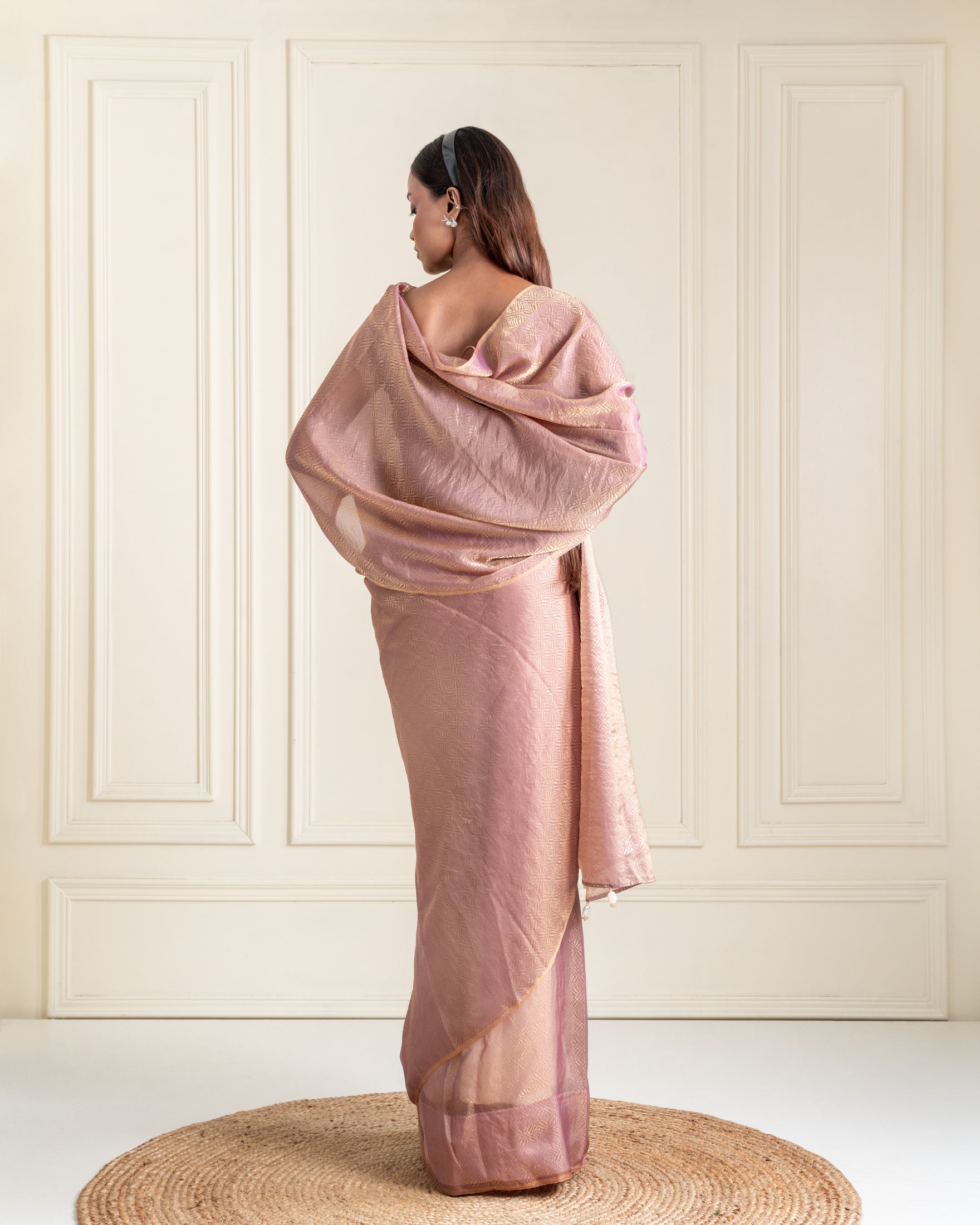 Dusty Mauve Fendi Satin Woven Zari Saree with Handcrafted Pearl Tassel Pallu and Matching Blouse Piece