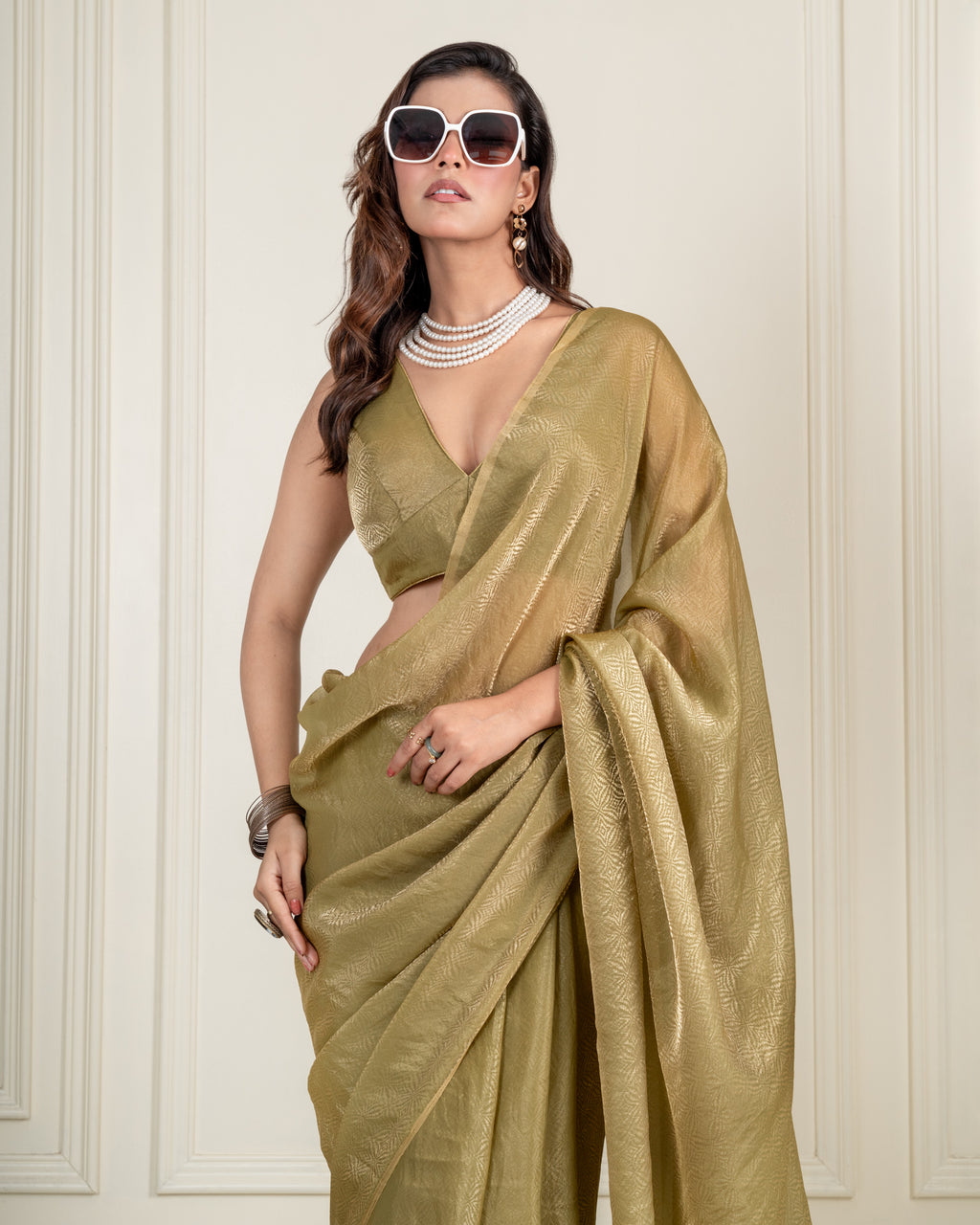 Olive Green Fendi Satin Woven Zari Saree with Pearl Tassel Pallu and Matching Blouse Piece