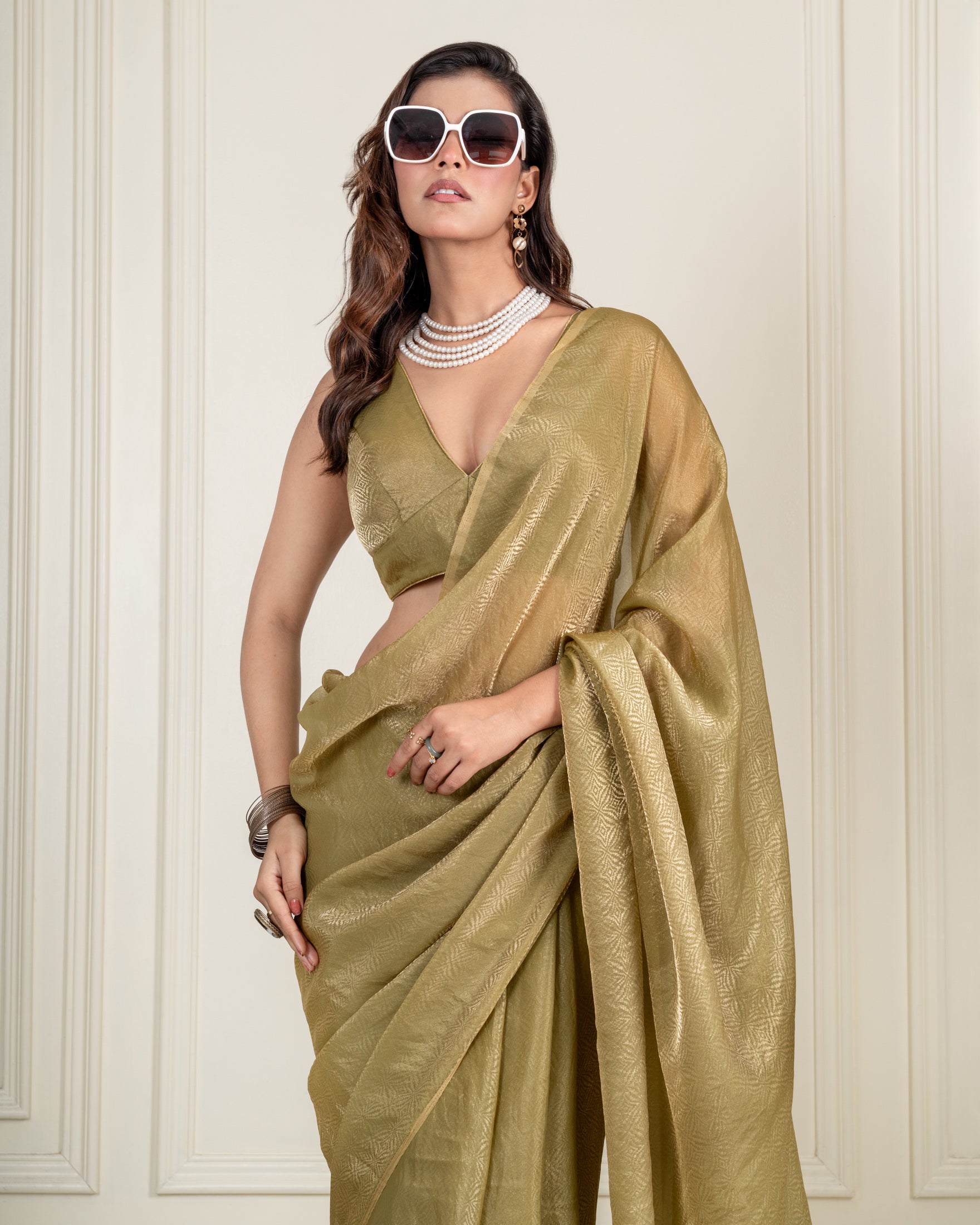 Olive Green Fendi Satin Woven Zari Saree with Pearl Tassel Pallu and Matching Blouse Piece