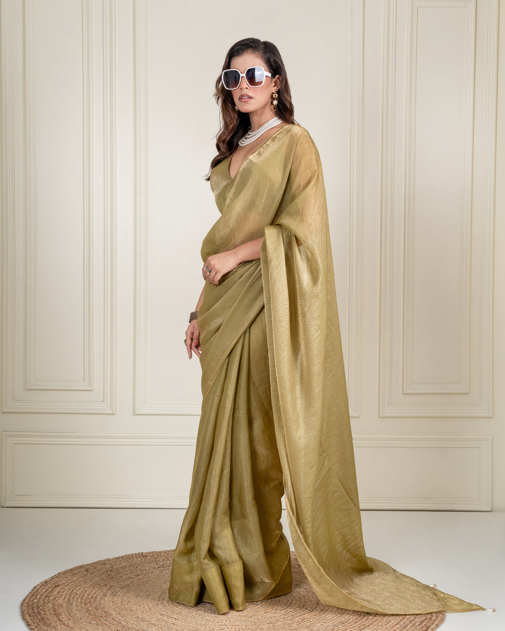 Olive Green Fendi Satin Woven Zari Saree with Pearl Tassel Pallu and Matching Blouse Piece
