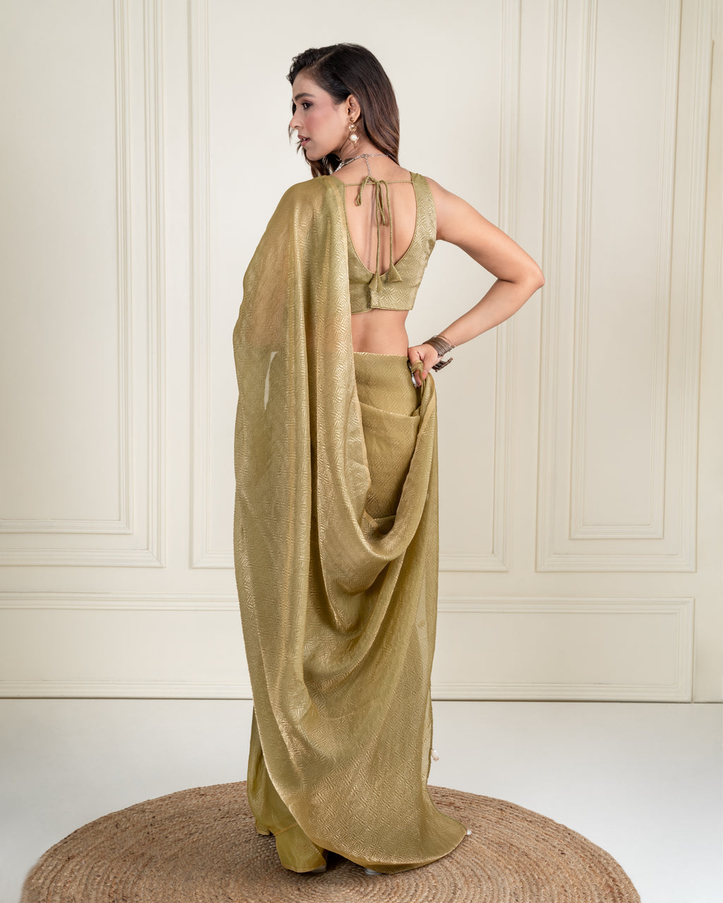 Olive Green Fendi Satin Woven Zari Saree with Pearl Tassel Pallu and Matching Blouse Piece