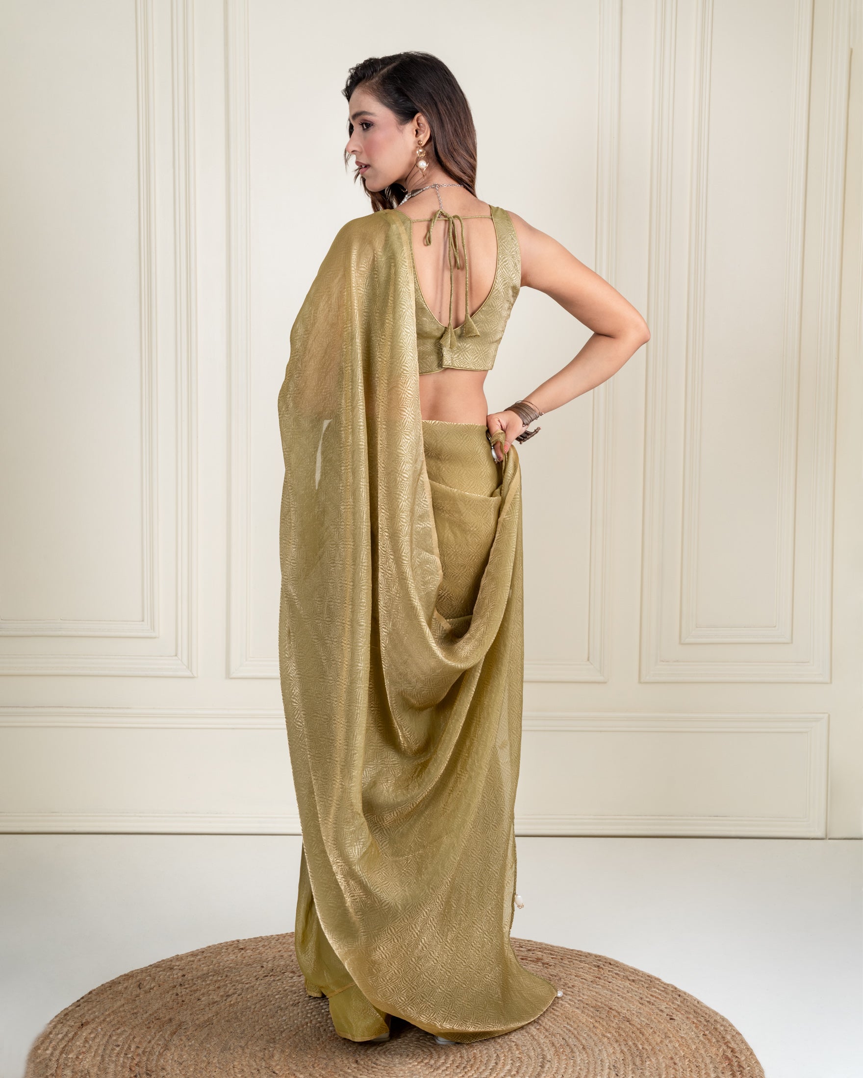 Olive Green Fendi Satin Woven Zari Saree with Pearl Tassel Pallu and Matching Blouse Piece