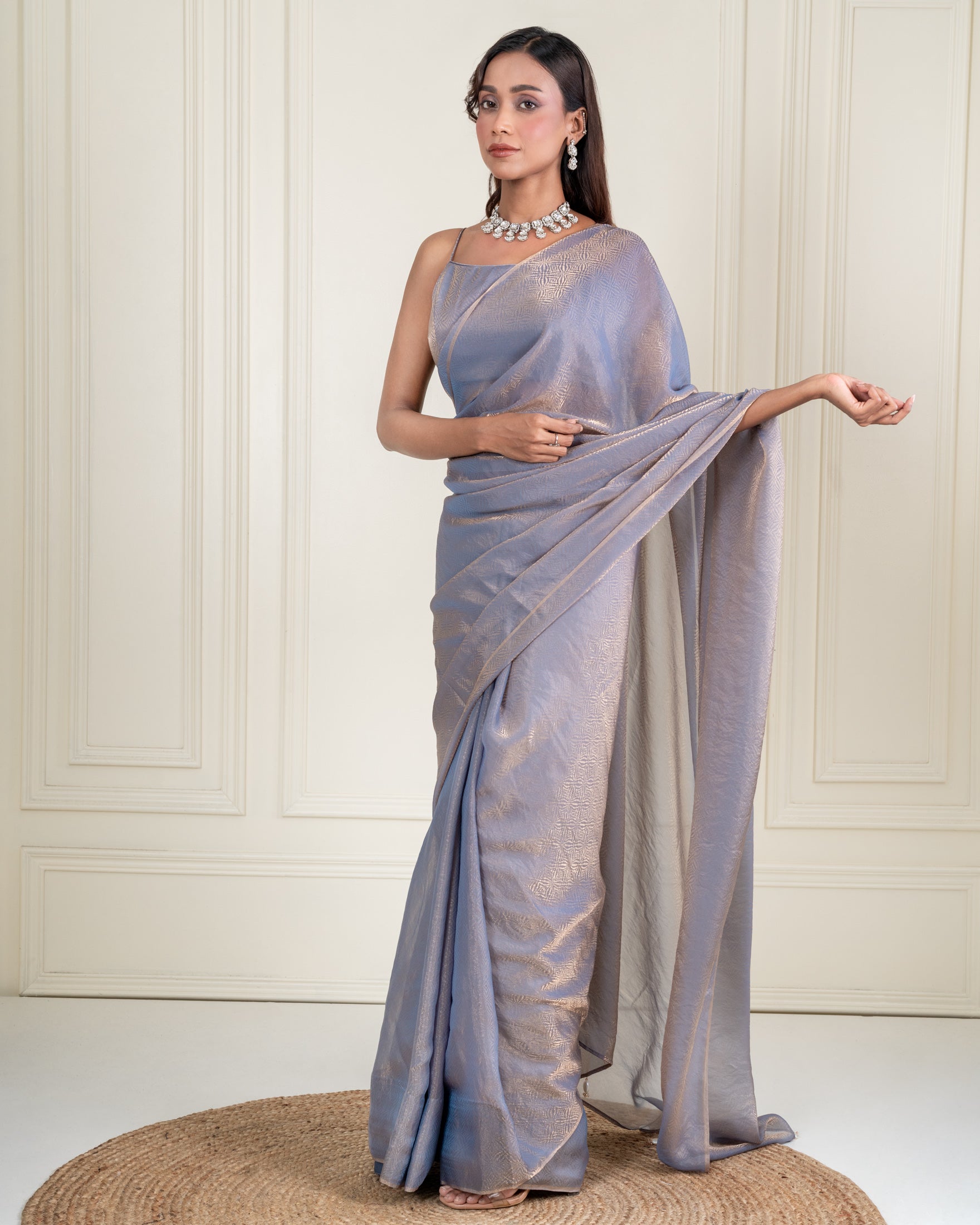 Steel Blue Fendi Satin Woven Zari Saree with Pearl Tassel Pallu and Matching Blouse Piece