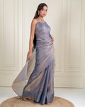 Steel Blue Fendi Satin Woven Zari Saree with Pearl Tassel Pallu and Matching Blouse Piece