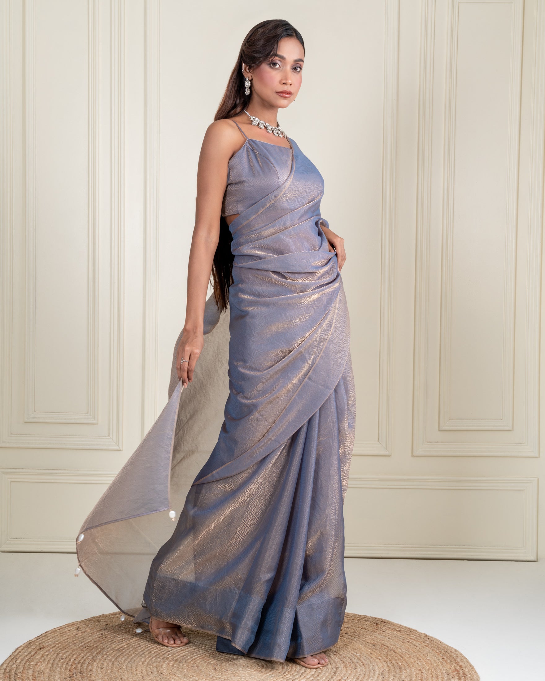 Steel Blue Fendi Satin Woven Zari Saree with Pearl Tassel Pallu and Matching Blouse Piece