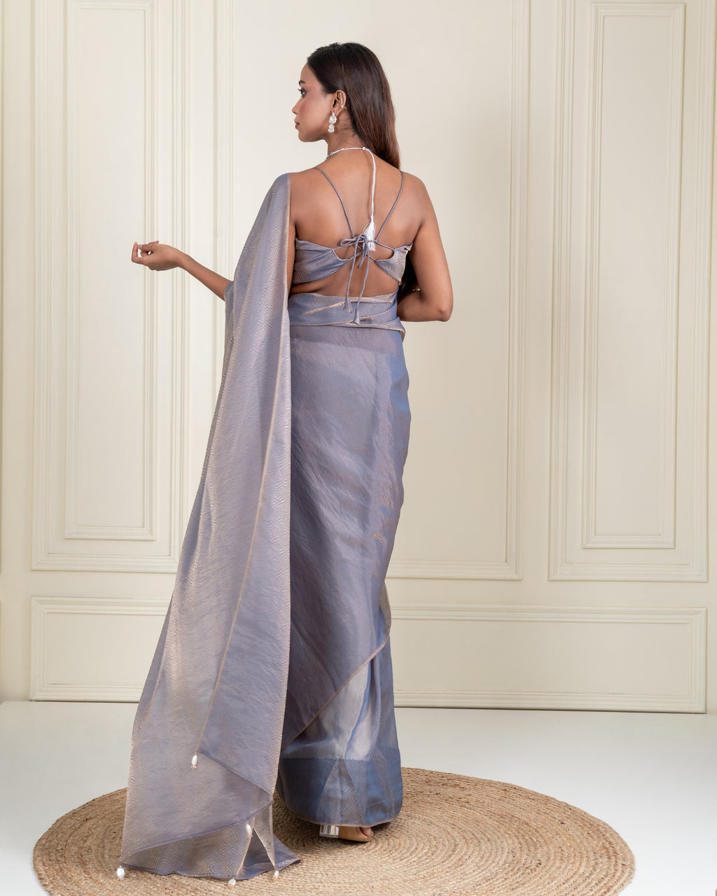 Steel Blue Fendi Satin Woven Zari Saree with Pearl Tassel Pallu and Matching Blouse Piece