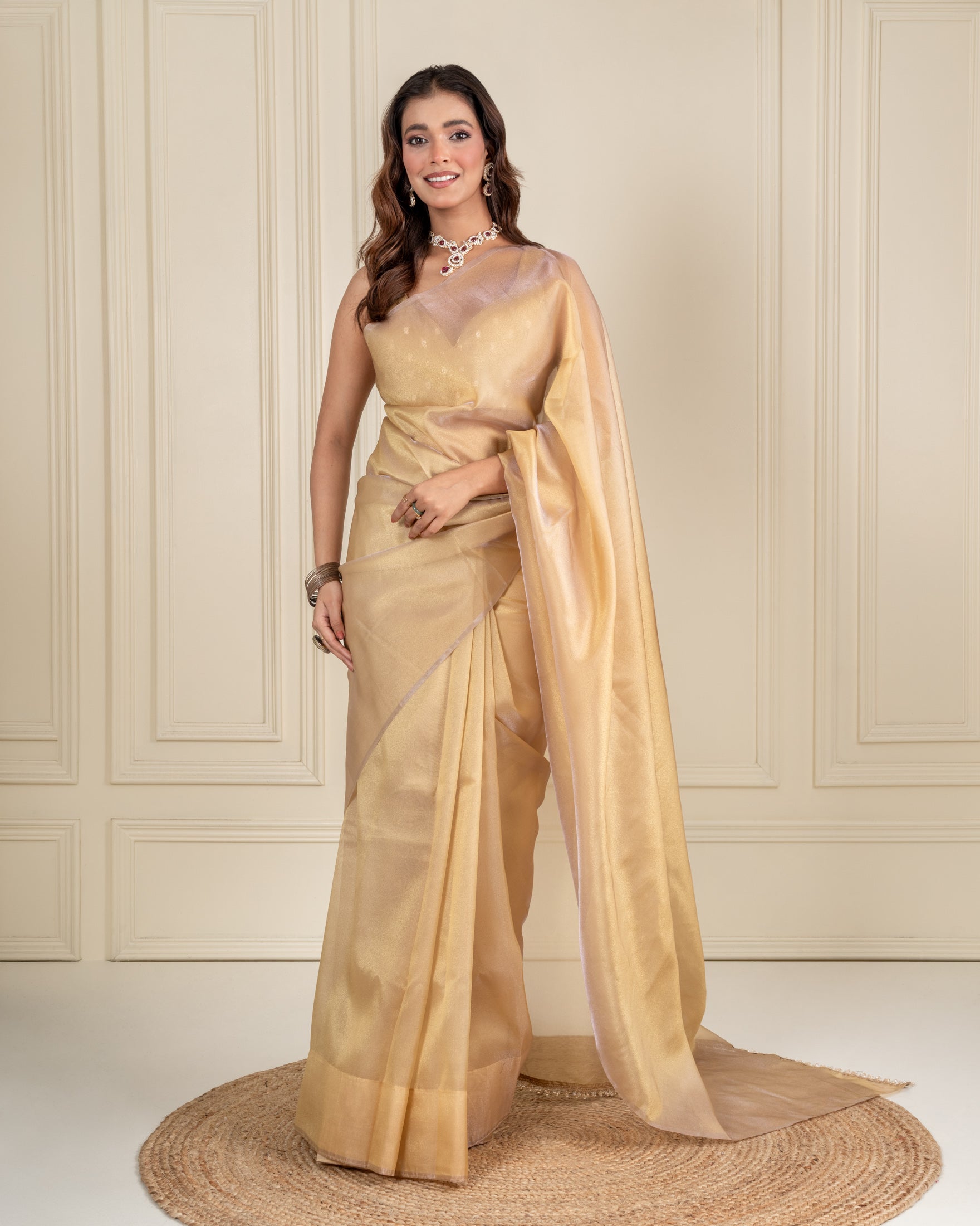 Chikoo Organza Saree with Handcrafted Crystal Beads Lace & Golden Buti Blouse Piece