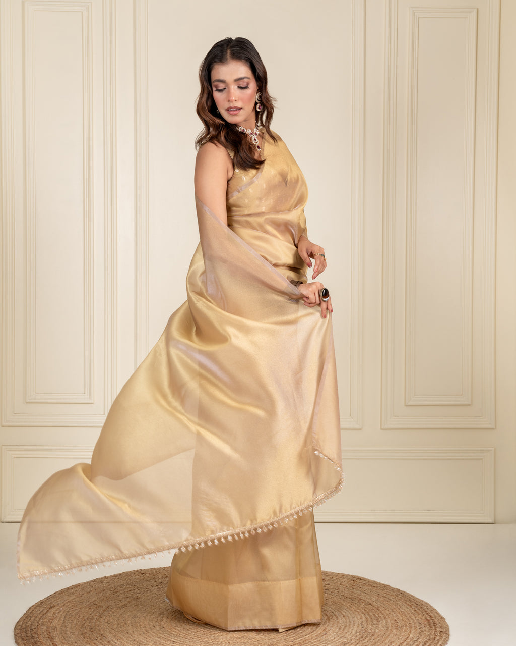 Chikoo Organza Saree with Handcrafted Crystal Beads Lace & Golden Buti Blouse Piece