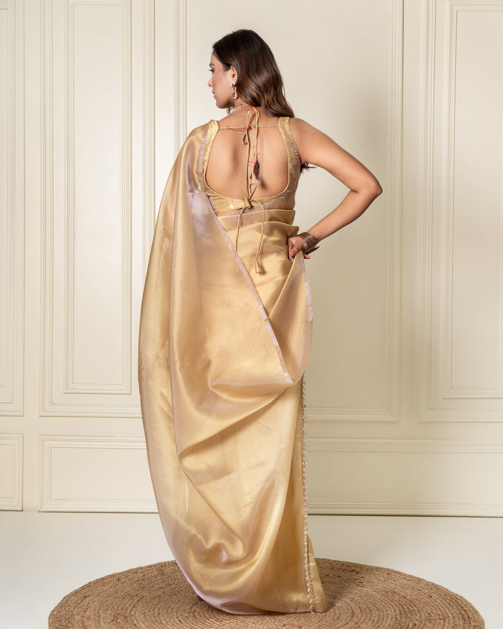 Chikoo Organza Saree with Handcrafted Crystal Beads Lace & Golden Buti Blouse Piece