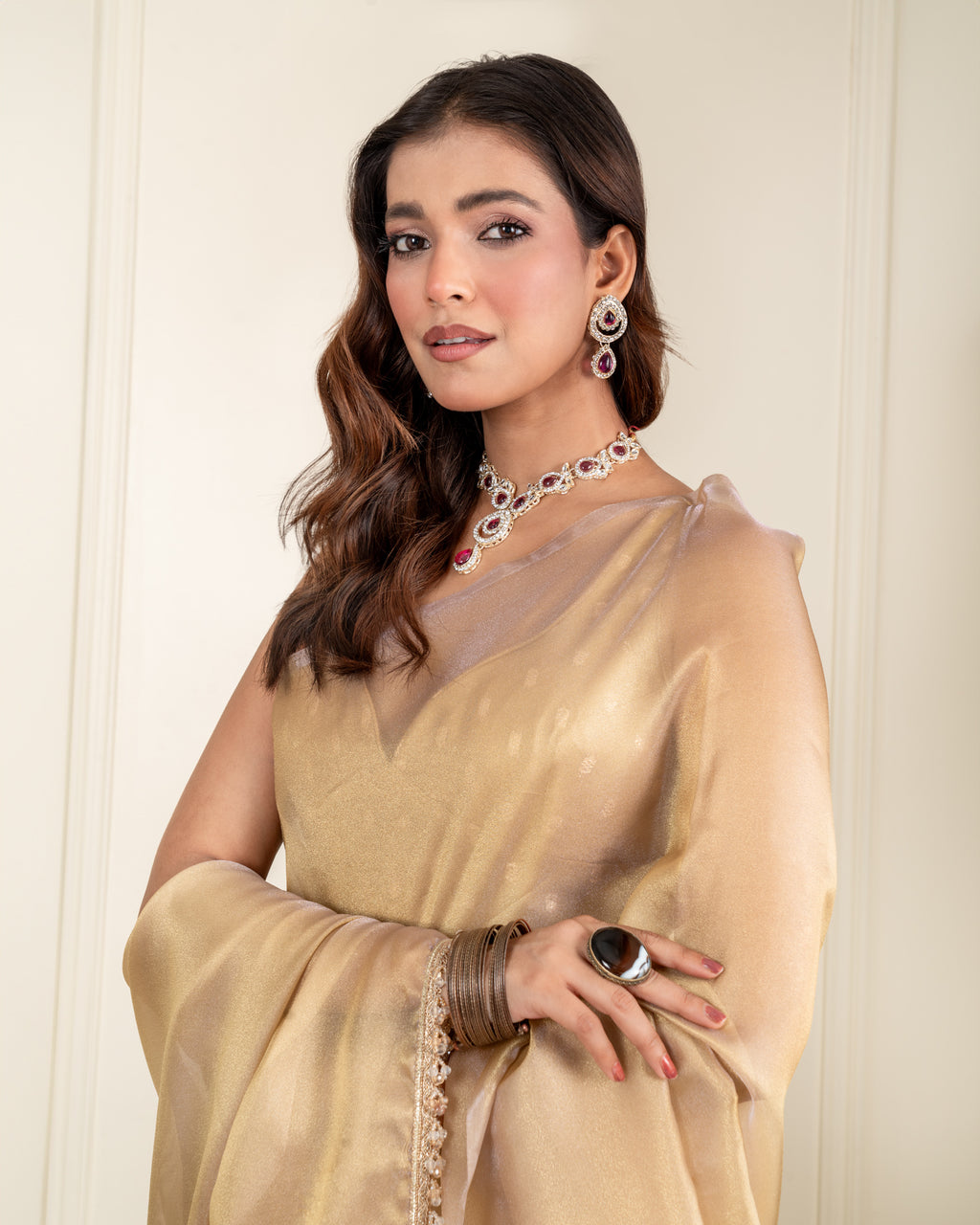 Chikoo Organza Saree with Handcrafted Crystal Beads Lace & Golden Buti Blouse Piece