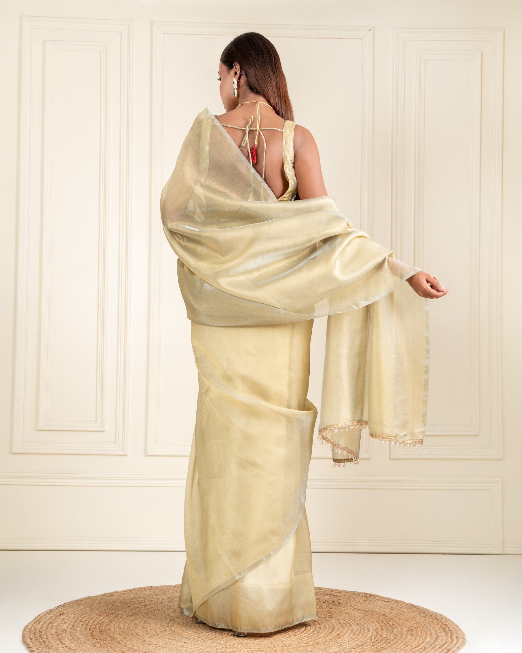 Sage Green Organza Saree with Handcrafted Crystal Beads Lace & Golden Buti Blouse Piece