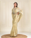 Sage Green Organza Saree with Handcrafted Crystal Beads Lace & Golden Buti Blouse Piece