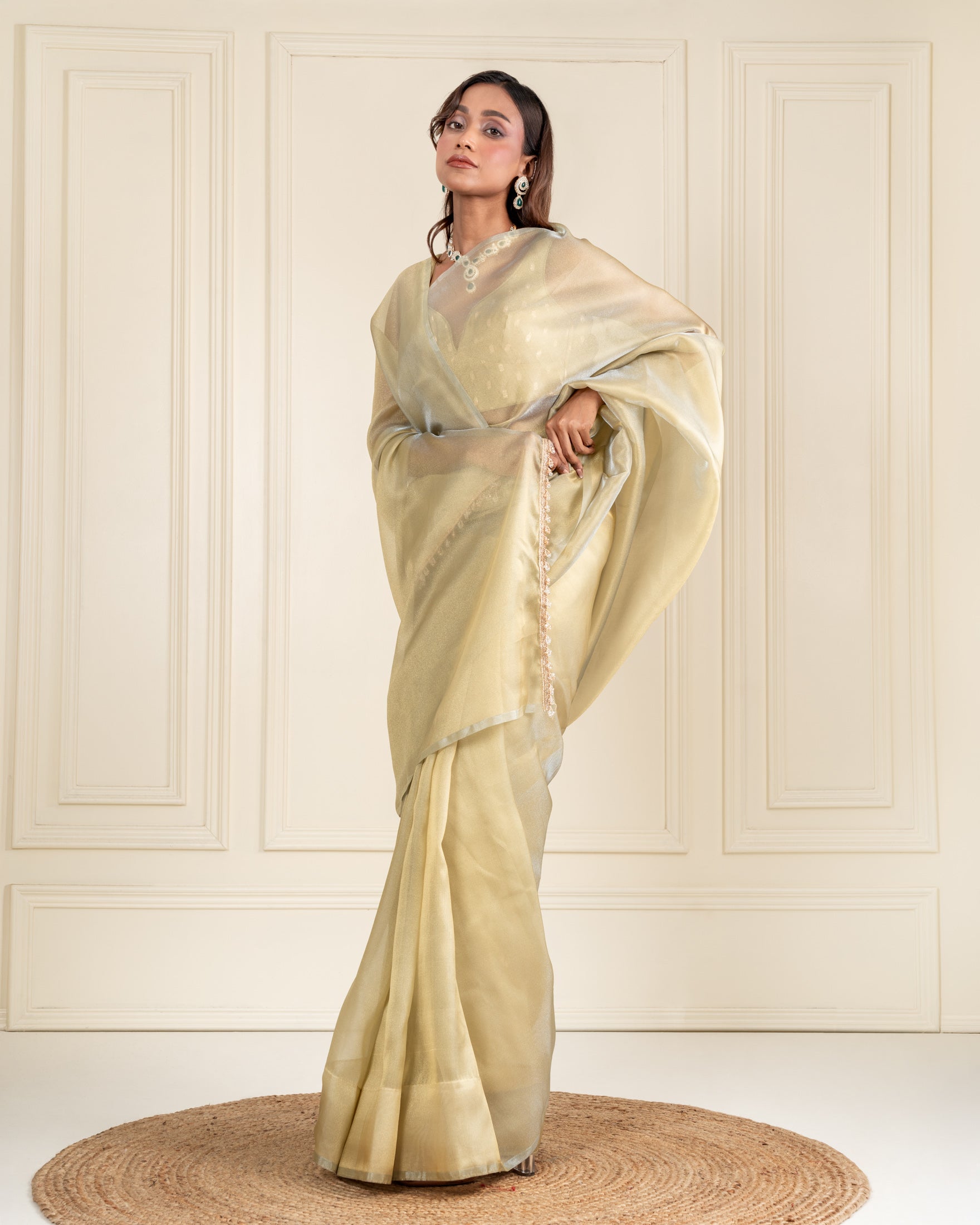 Sage Green Organza Saree with Handcrafted Crystal Beads Lace & Golden Buti Blouse Piece