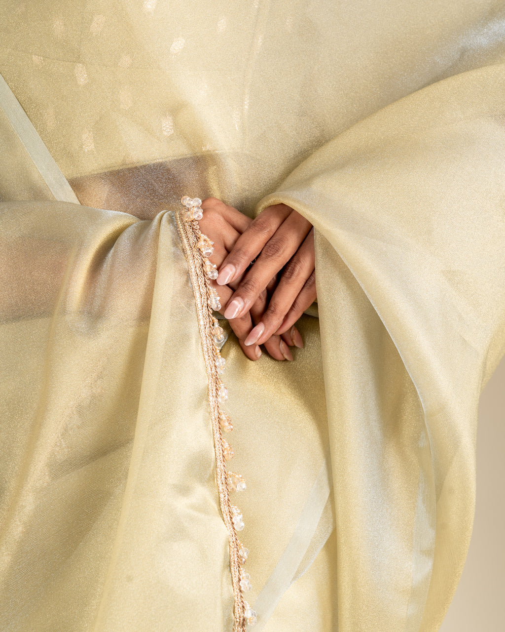 Sage Green Organza Saree with Handcrafted Crystal Beads Lace & Golden Buti Blouse Piece