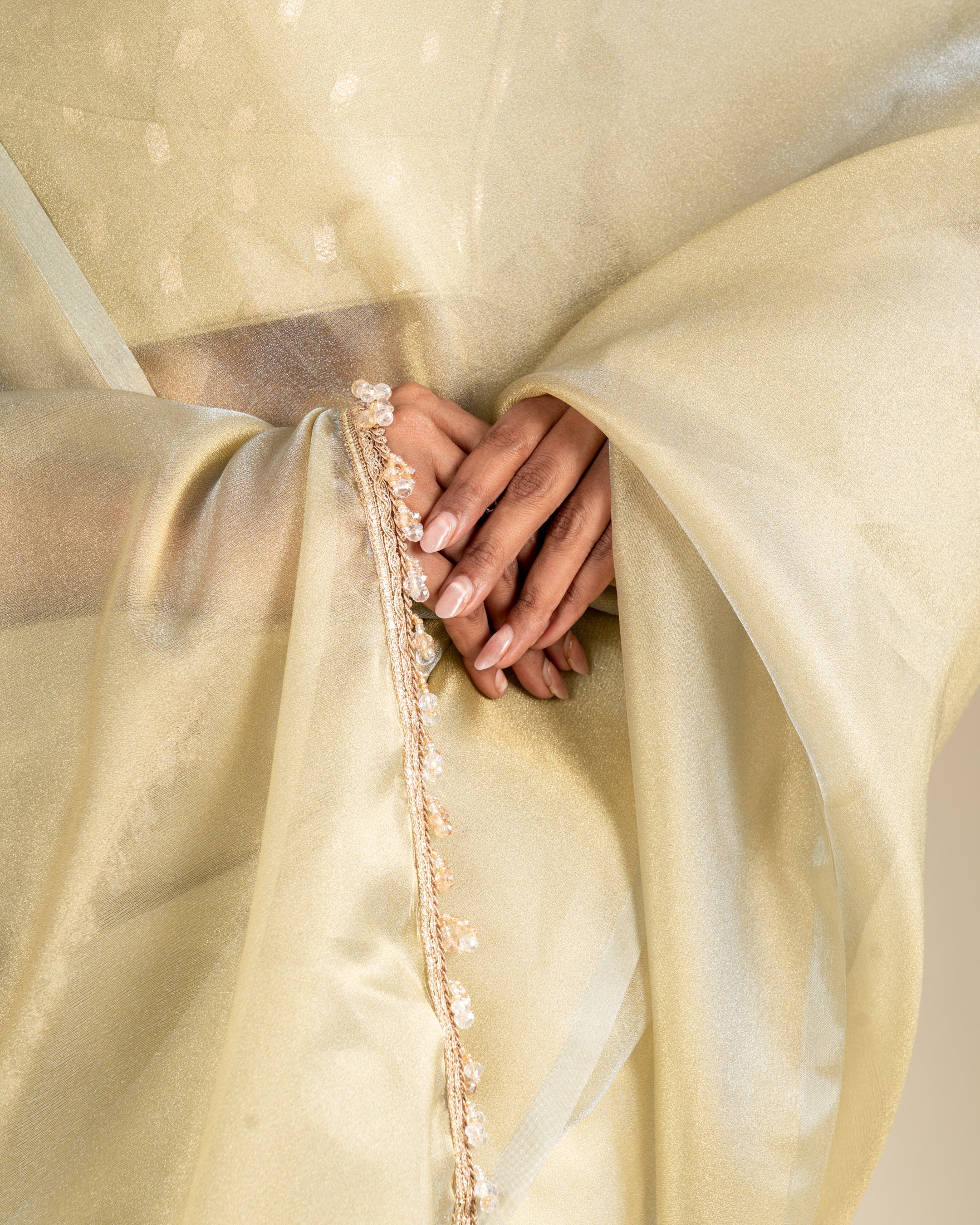 Sage Green Organza Saree with Handcrafted Crystal Beads Lace & Golden Buti Blouse Piece