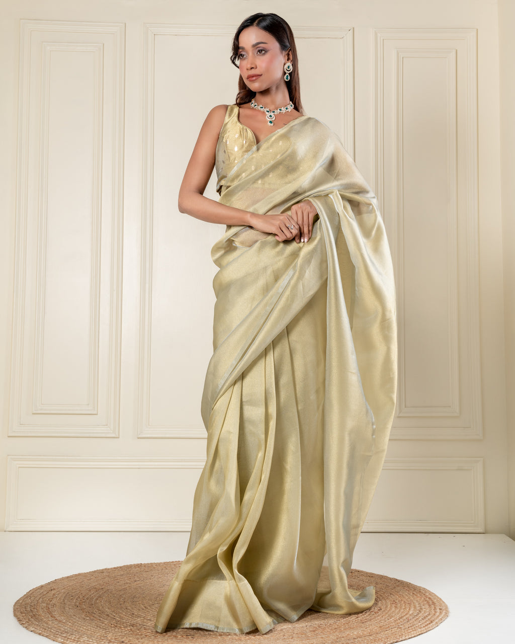 Sage Green Organza Saree with Handcrafted Crystal Beads Lace & Golden Buti Blouse Piece
