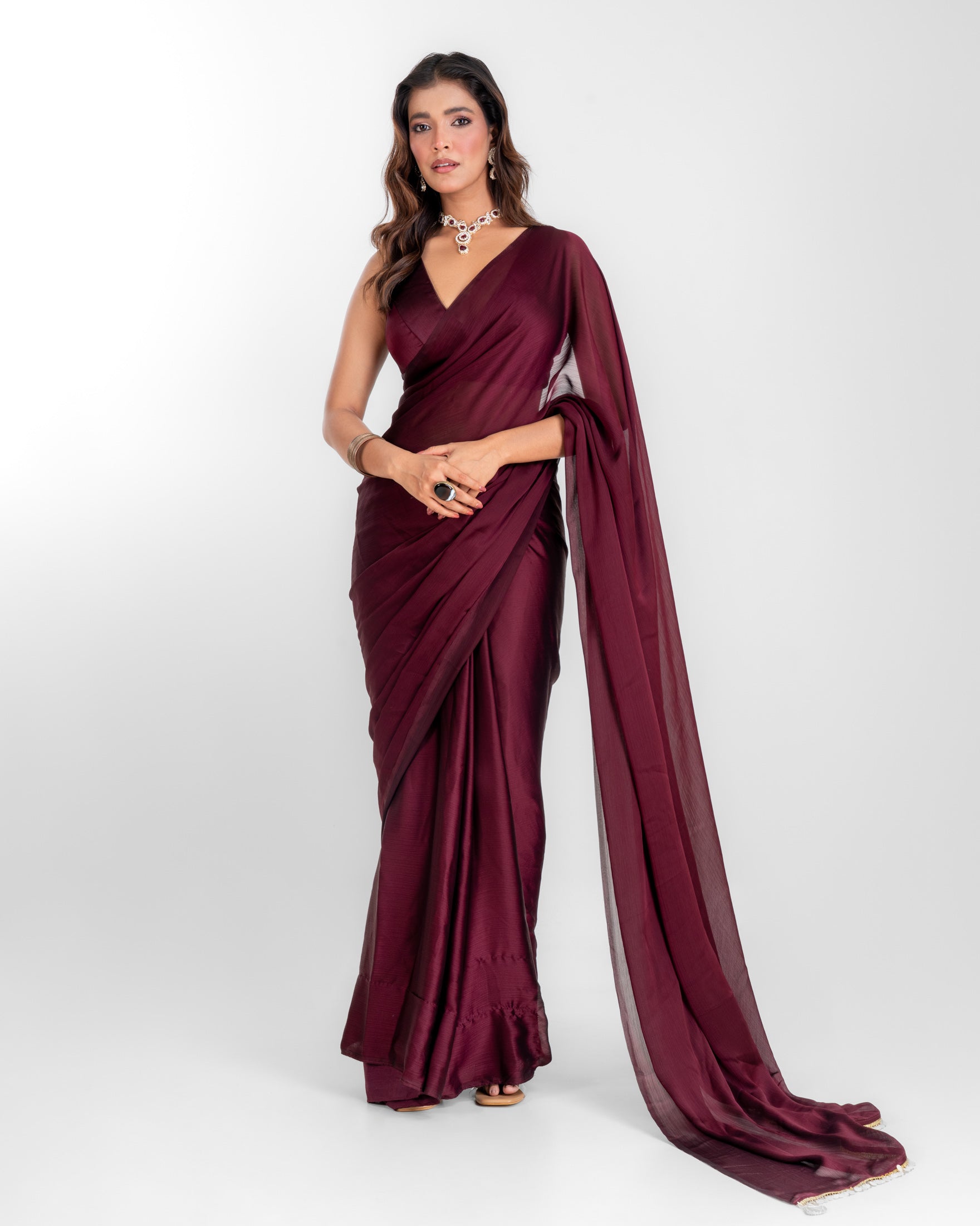 Wine Natural Chiffon Saree with Handcrafted Coin Lace and Matching Blouse Piece