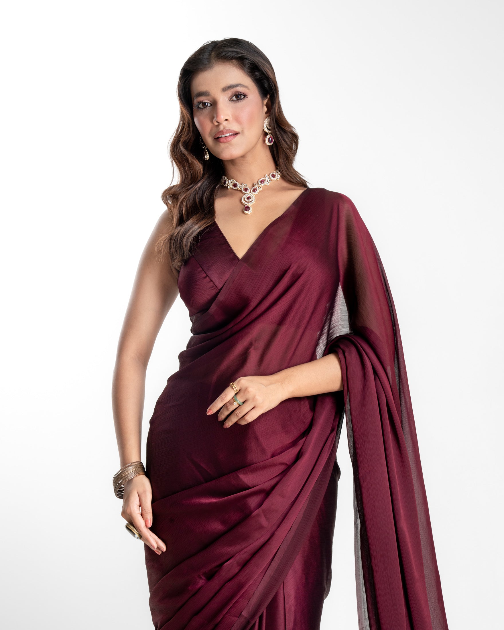 Wine Natural Chiffon Saree with Handcrafted Coin Lace and Matching Blouse Piece