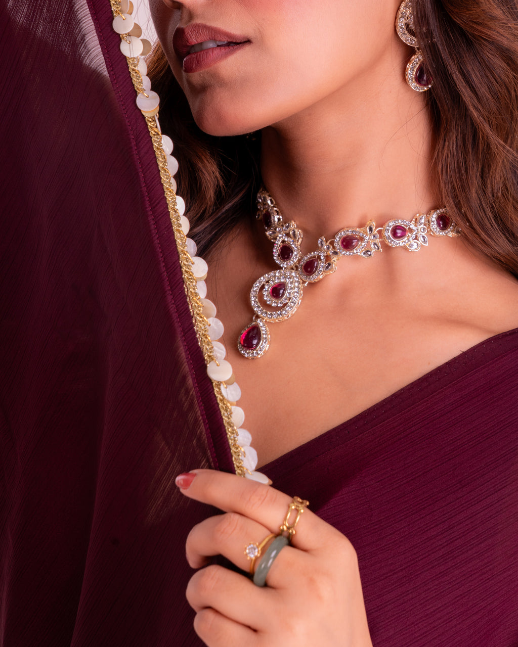 Wine Natural Chiffon Saree with Handcrafted Coin Lace and Matching Blouse Piece