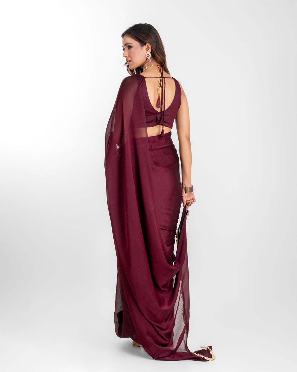 Wine Natural Chiffon Saree with Handcrafted Coin Lace and Matching Blouse Piece